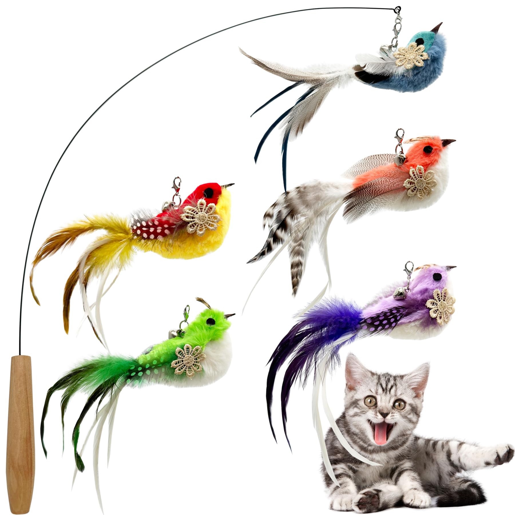 Cateneed Cat Wand Toy, 6 Pieces Interactive Cat Wand Bird Feather Toys For Indoor Cats Play Exercise