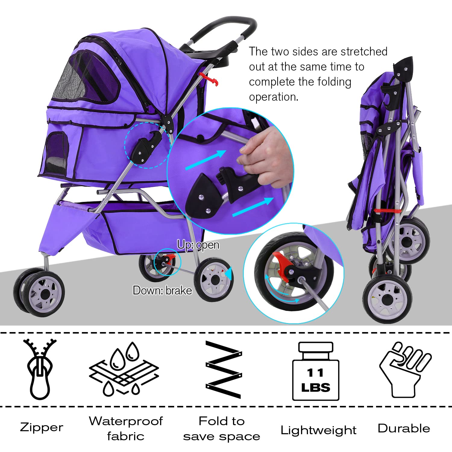 Hcy Folding Dog Stroller, 3 Wheels Cat Strollers Pet Gear For Small Medium Cats Dogs Puppy With Storage Basket, Cup Holder,Lightweight-Purple, 35.04Inchx17.32Inchx38.58Inch