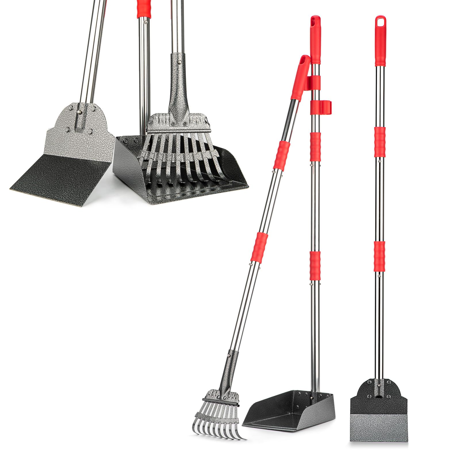 Fusbunty Pooper Scooper, Long Handle Dog Pooper Scooper, Heavy Duty Stainless Steel Rake With Tray & Spade Set For Pet Waste Rem