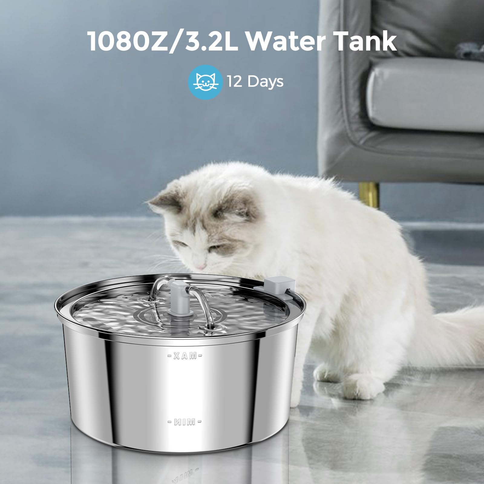 Bluzzo Cat Water Fountain Stainless Steel With Filter, 3.2L/108Oz Large Capacity Automatic Pet Water Fountain, Cat Dog Water Dispenser With Ultra-Quiet Pump For Multiple Pets, Dishwasher Safe