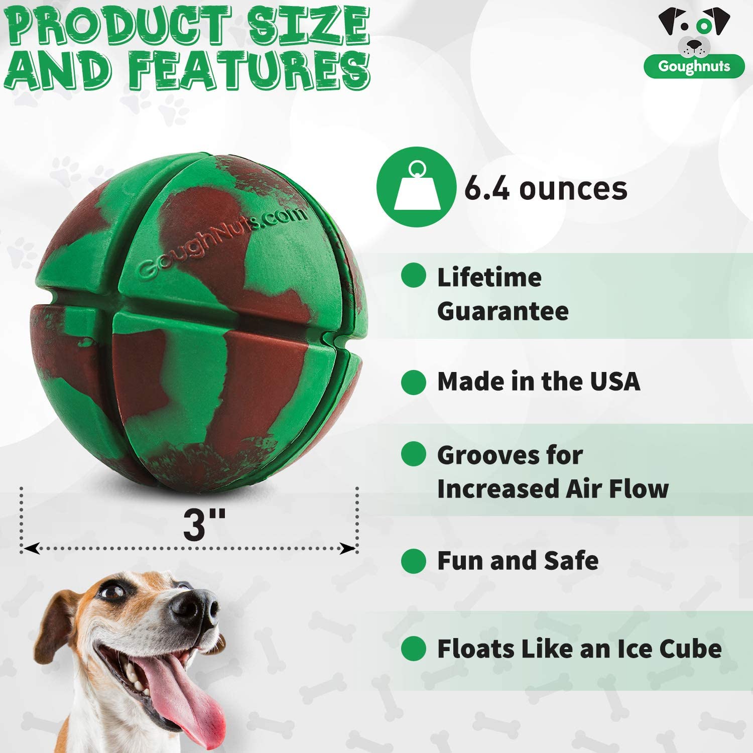 Goughnuts – Virtually Indestructible Ball - Guaranteed Dog Chew Toys For Aggressive Chewers Like Pit Bulls, German Shepherds, And Labs From 30-70 Pounds - Tough And Durable Natural Rubber - Green