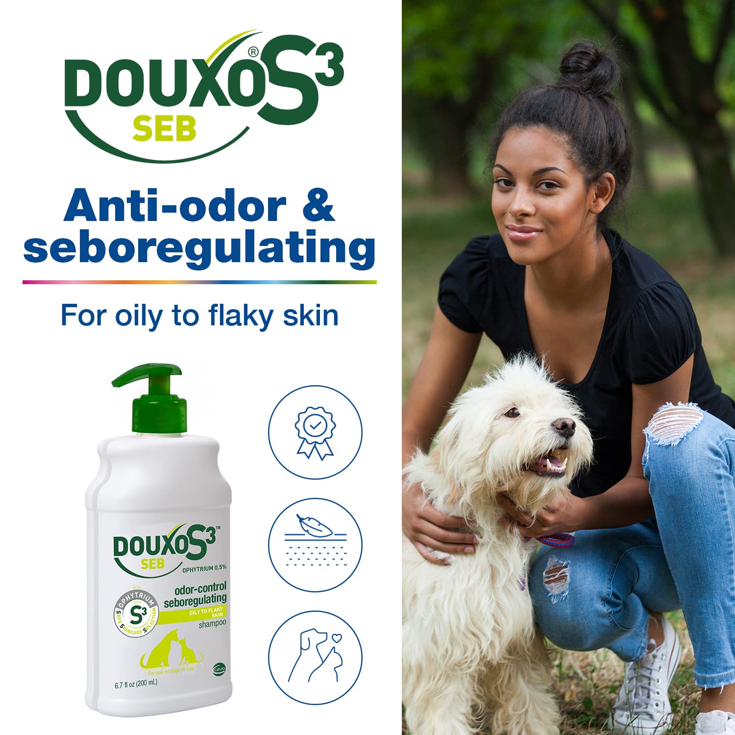 Douxo S3 SEB Shampoo, Contains 0.5% Ophytrium, Odor Control & Seboregulating, for Oily to Flaky Skin, Seborrhea, for Dogs and Ca