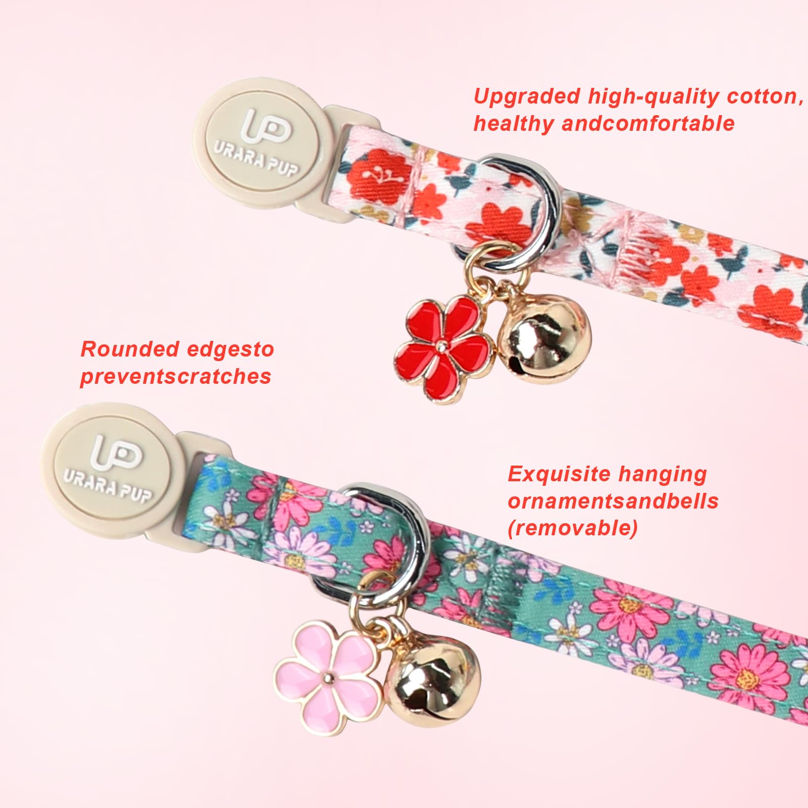 Up Urara Pup Cat Collar,2Pack Summer Cat Collars Cute Breakaway,Spring Green Leaf Flower Kitten Collar With Bell, Kitty Collars
