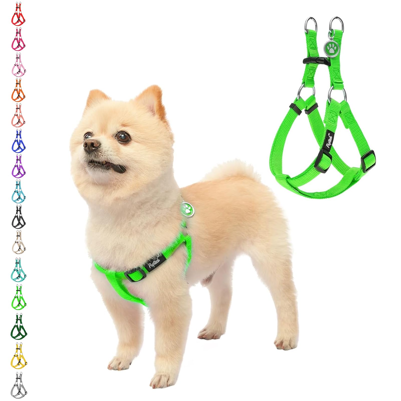 Pupteck No Pull Dog Harness Soft Adjustable Basic Nylon Step In Puppy Vest Outdoor Walking With Id Tag, Green,S