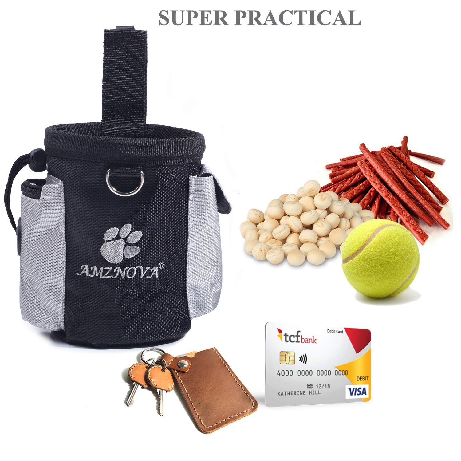AMZNOVA Dog Treat Bag, Puppy Training Pouch, Animal Walking Snack Container Best Hiking Toys Pack Dispenser Carries with Waistba