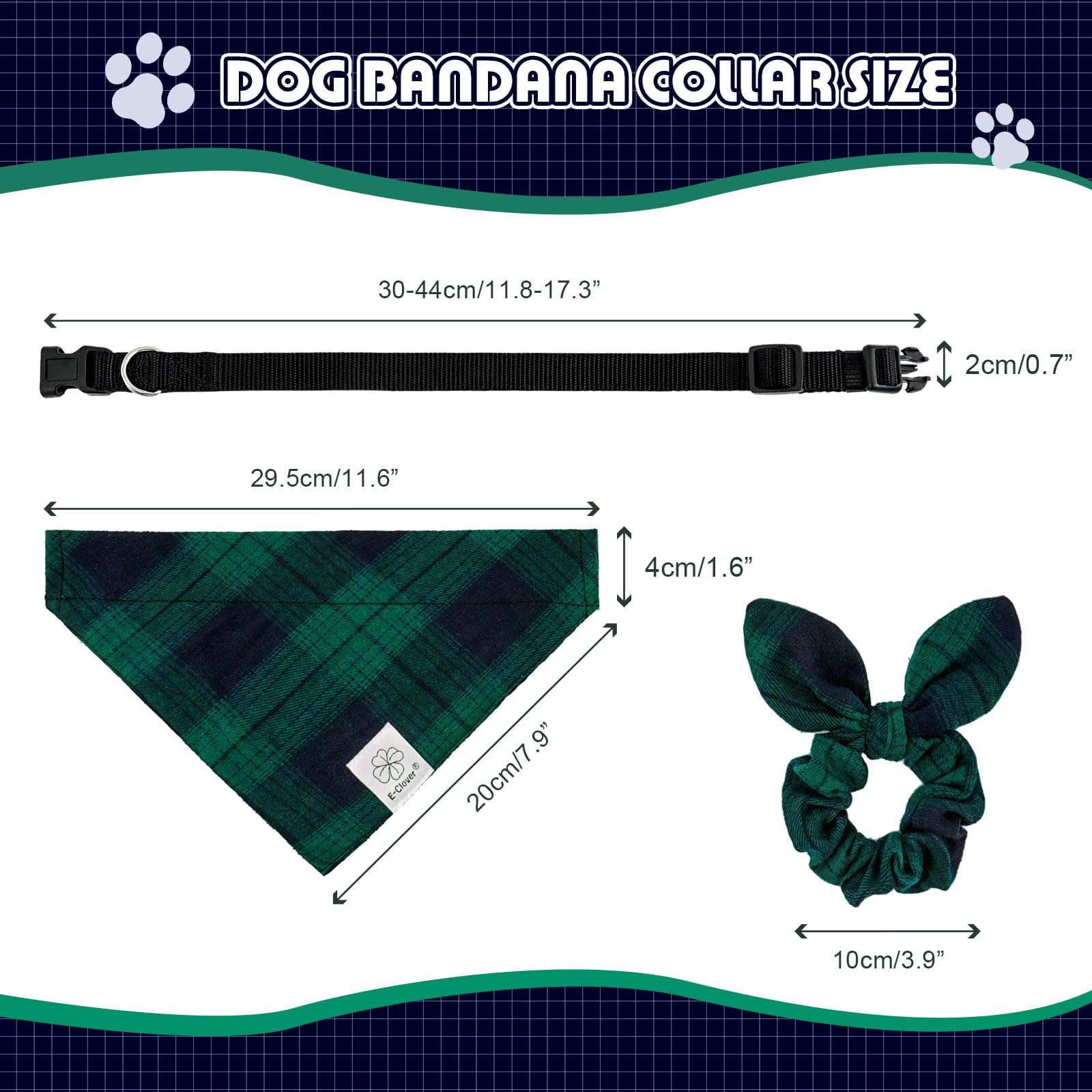 E-Clover Plaid Dog Collar-Dog Collar Bandana & Matching Scrunchie Adjustable Girl Boy Dog Collars For Small Medium Dogs Owner Gi