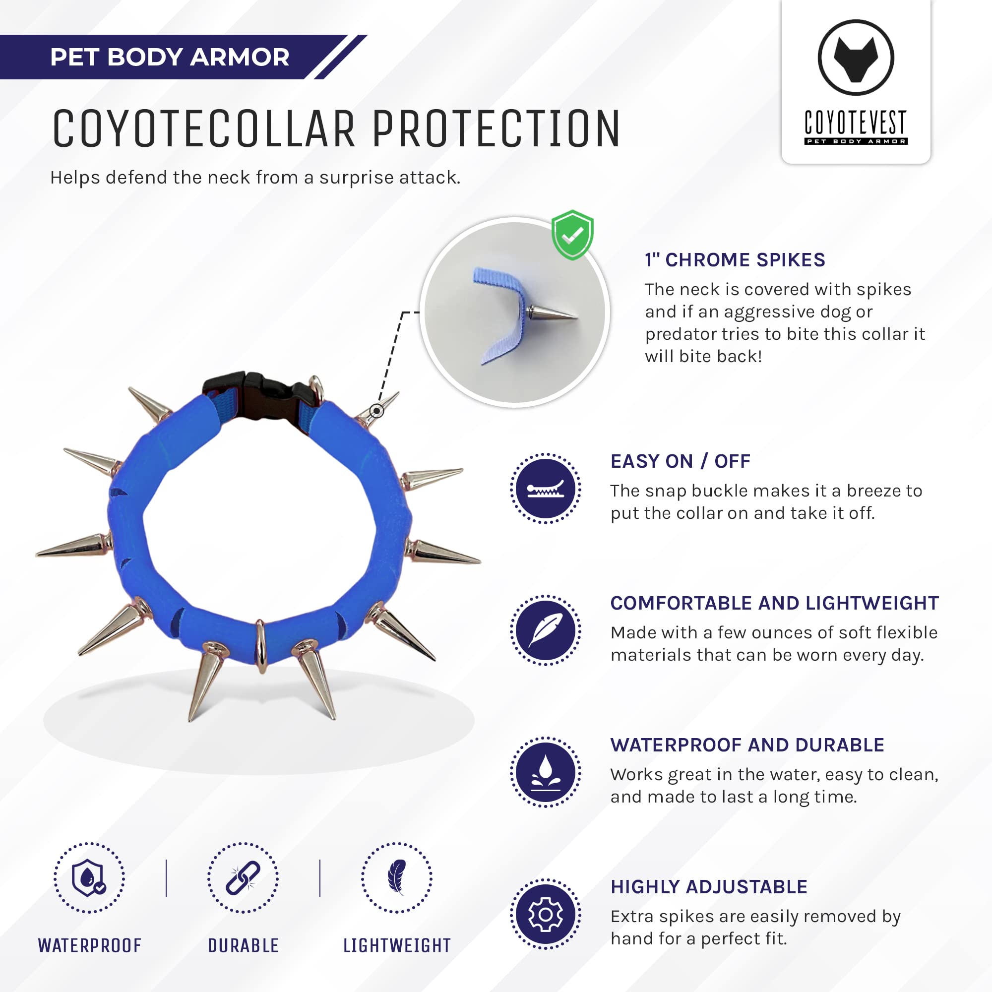 Coyotecollar Spiked Dog Collar - Blue Small Spike Collar For Dogs, Adjustable Spiked Collar, Studded Dog Spike Collar, And Coyot