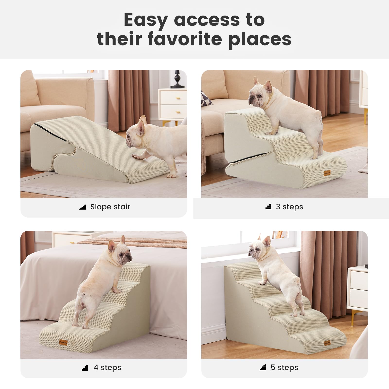 Gardner Pet Dog Stairs for Small Dogs 19.7 H, 4-Step Beige Curved Pet Stairs, Dog Steps for High Bed (18-24 in), Couch with Dura