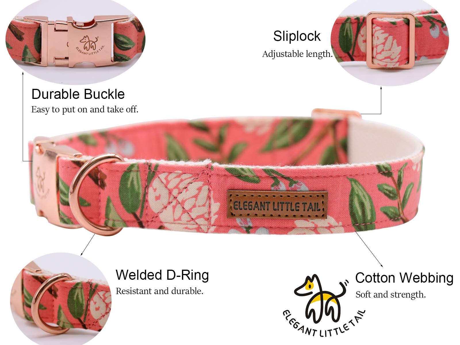 Elegant Little Tail Dog Collar, Pink Floral Print Pet Collar Summer Dog Collar Pet Collar Dog Cotton Durable Dog Collar Metal Bu