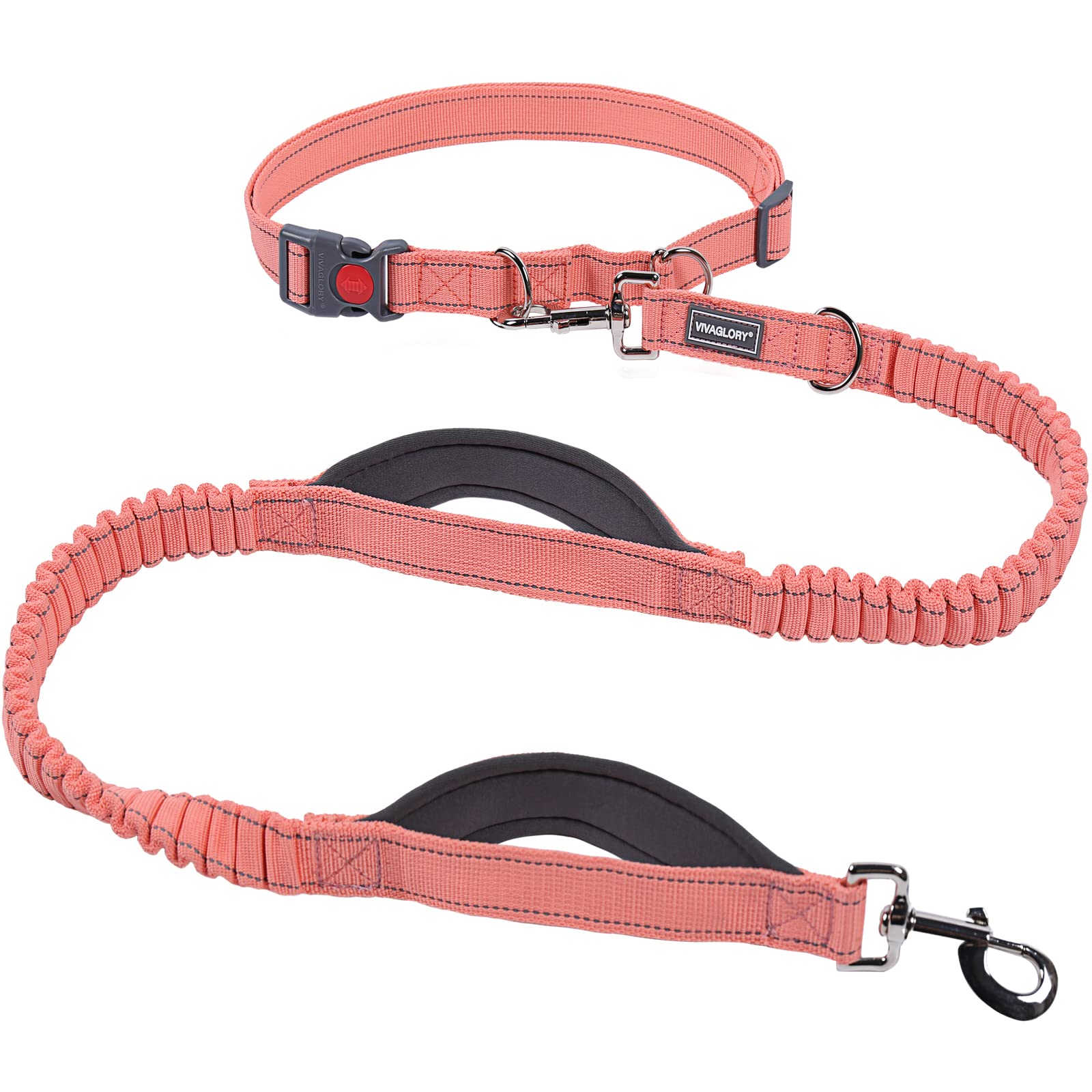 Vivaglory Hands Free Dog Running Leash With Dual Advanced Anti-Shock Bungees And Padded Handles, Reflective Waist Jogging Leash With Adjustable Belt For Training For Medium Large Dogs, Pink/Grey