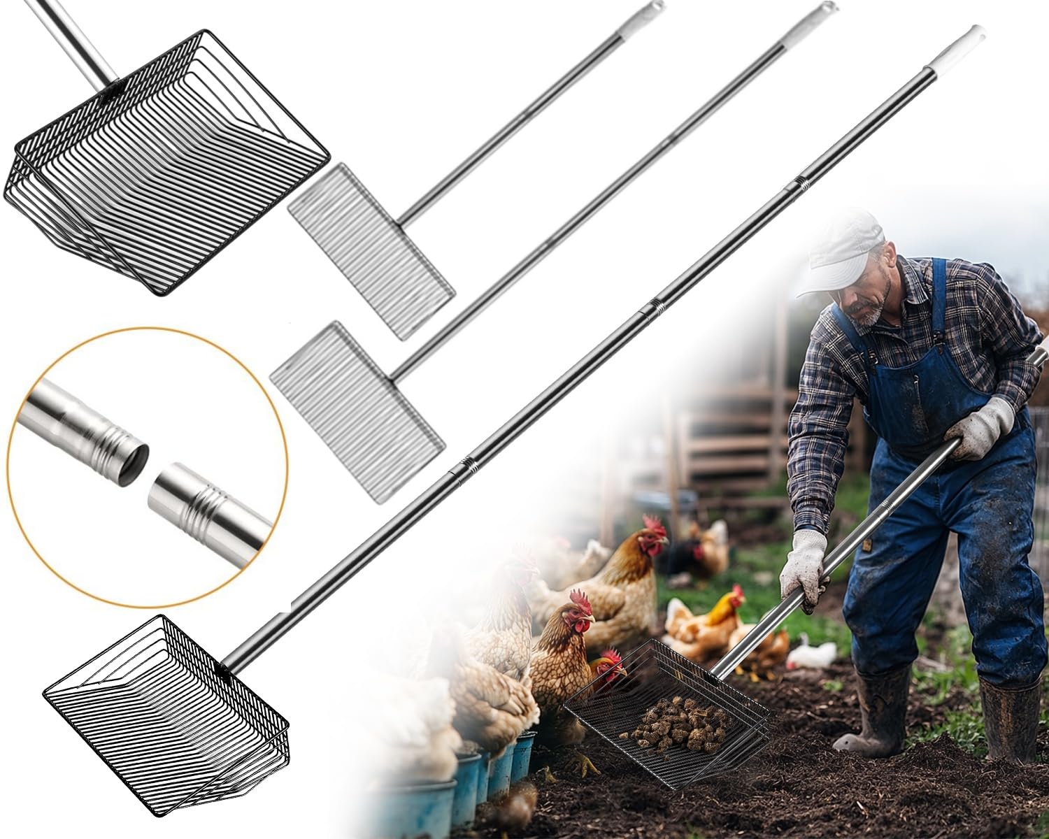 Foandbevi Large Metal Chicken Poop Scooper, 4-in-1 Detachable Tool 20 to 63 inches, Metal Handle, Stainless Steel Chicken Coop C