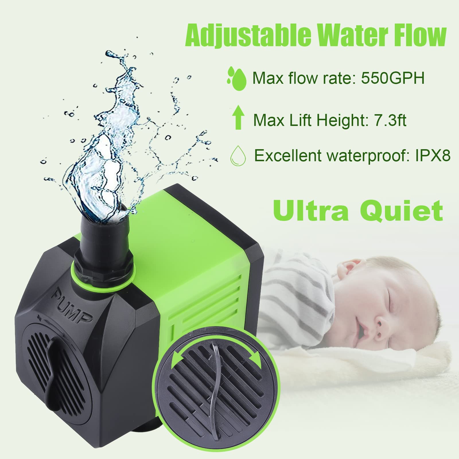 Aysoner Submersible Fountain Water Pump: 550Gph 30W Adjustable Ultra Quiet Small Pond Pump With 6Ft Power Cord For Aquarium Fish Tank | Outdoor Waterfall | Statuary | Hydroponics