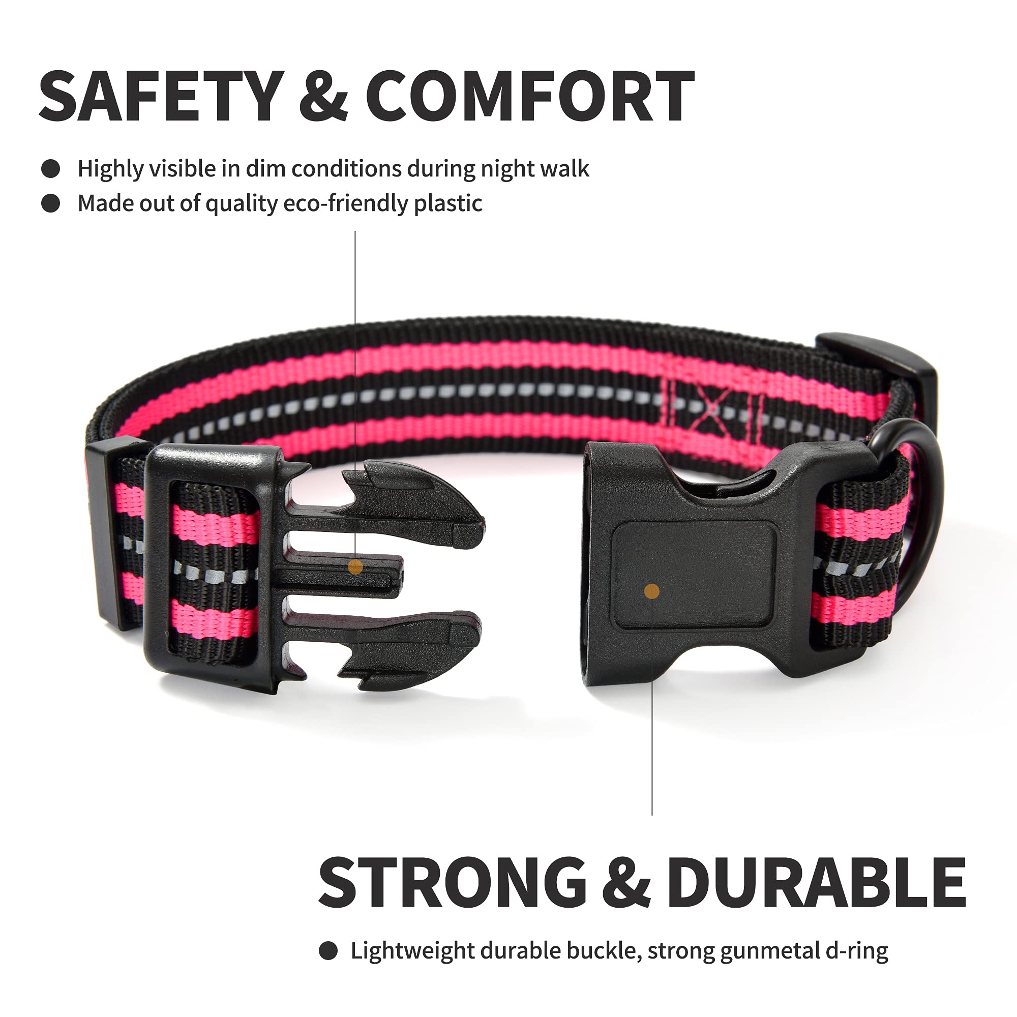 Mile High Life Reflective Dog Collar | Nylon Pet Collars Wiith Buckle | Light Weight Puppy Collars | Pink Dog Collars For Large