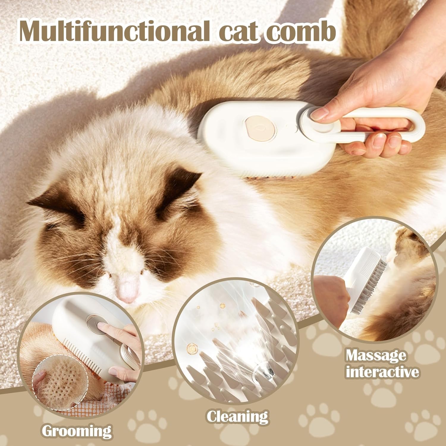 Mawt Cat Steam Brush - 5 In1 Grooming Kit For Cats And Dogs Silicone Massage Tool - Stainless Steel Nail Scissors - Hair Detangl