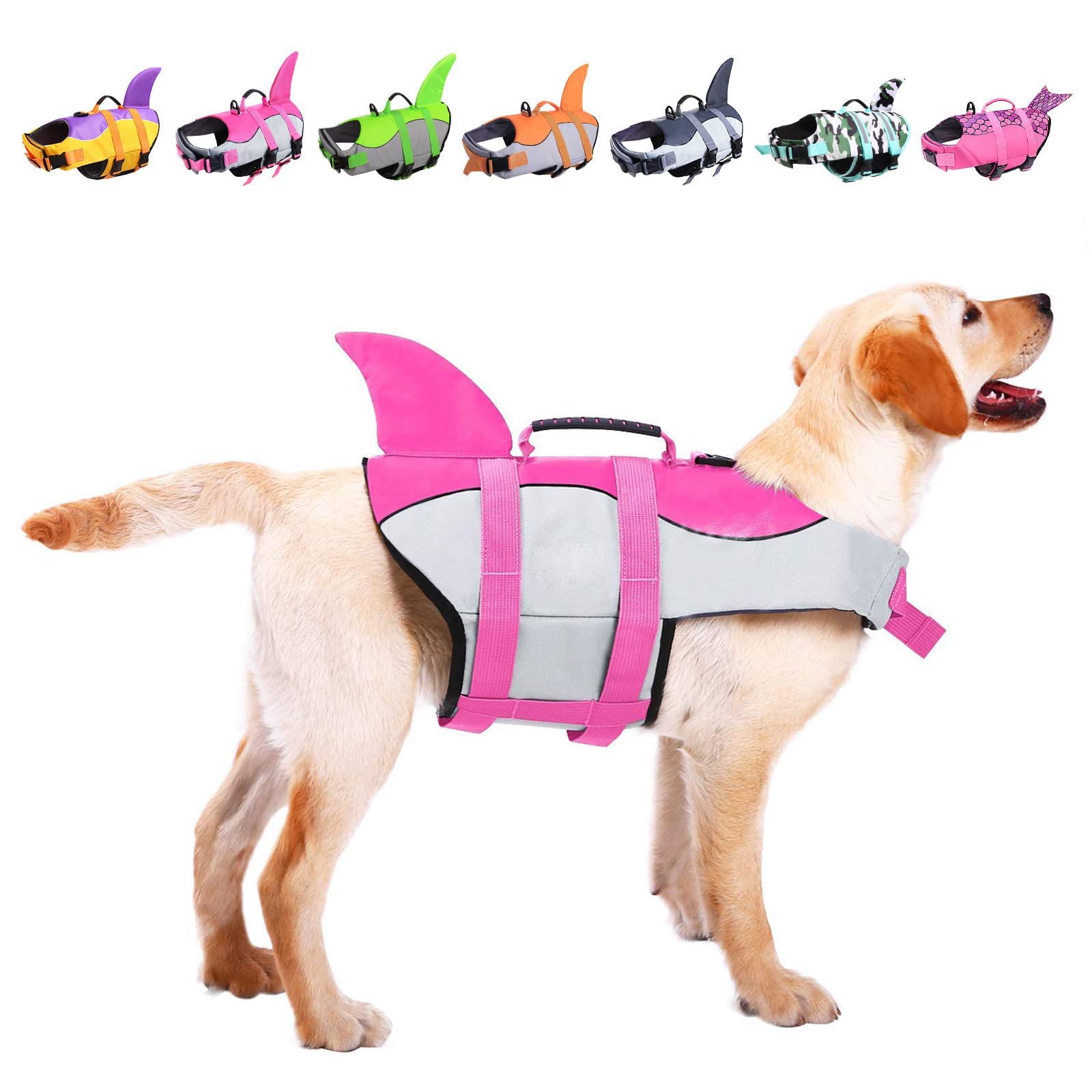 Asenku Dog Life Jacket Pet Life Safety Vest For Swimming Boating, Dog Shark Life Jackets Dog Lifesavers Swimsuits For Pool, Dog Water Floatation Vest For Small Medium Large Dogs, Shark Pink, Medium