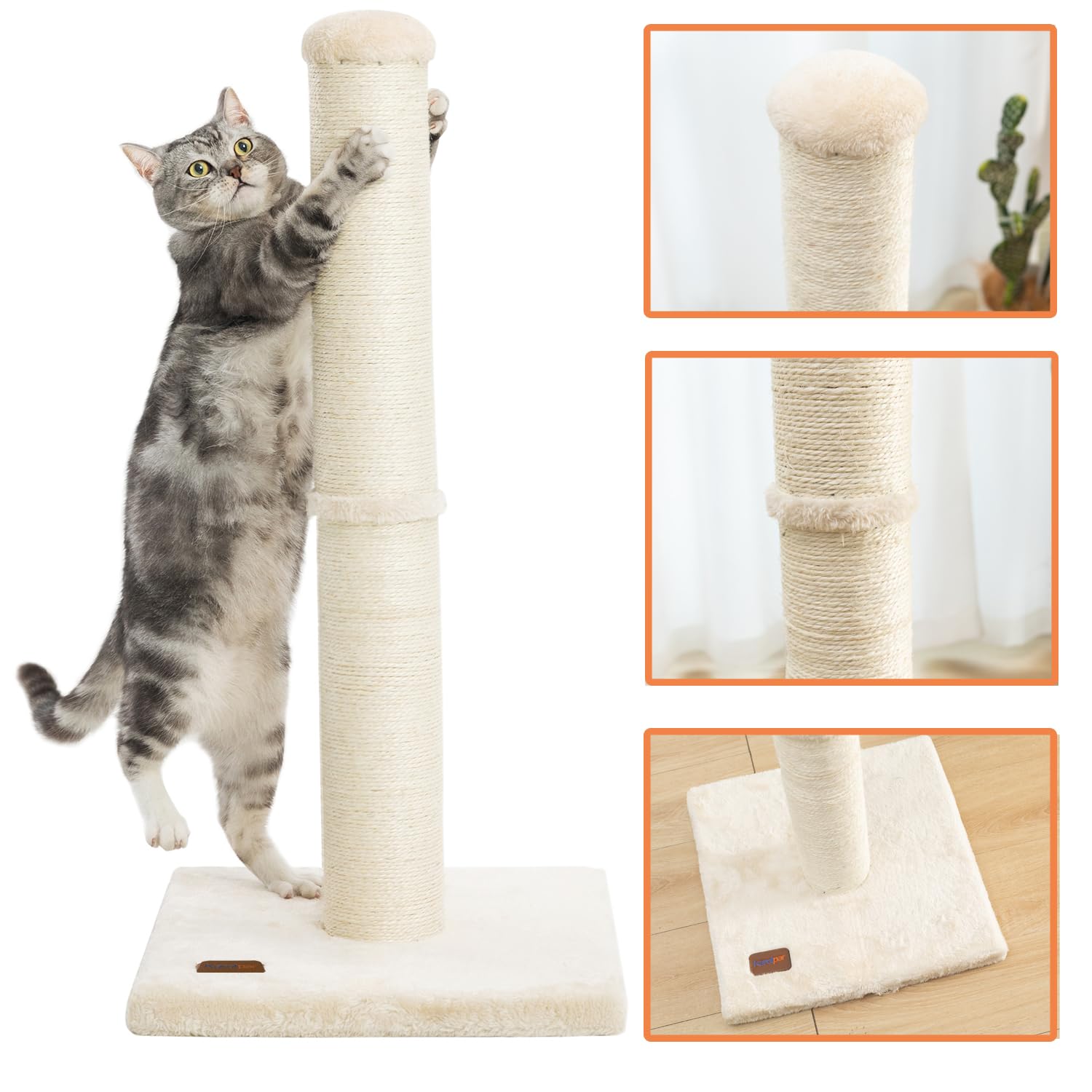 Karolpar 34Inch Cat Scratching Post With Natural Sisal Rope 4.3Inch Large Diameter Scratcher Post Tree For Indoor Cats Beige