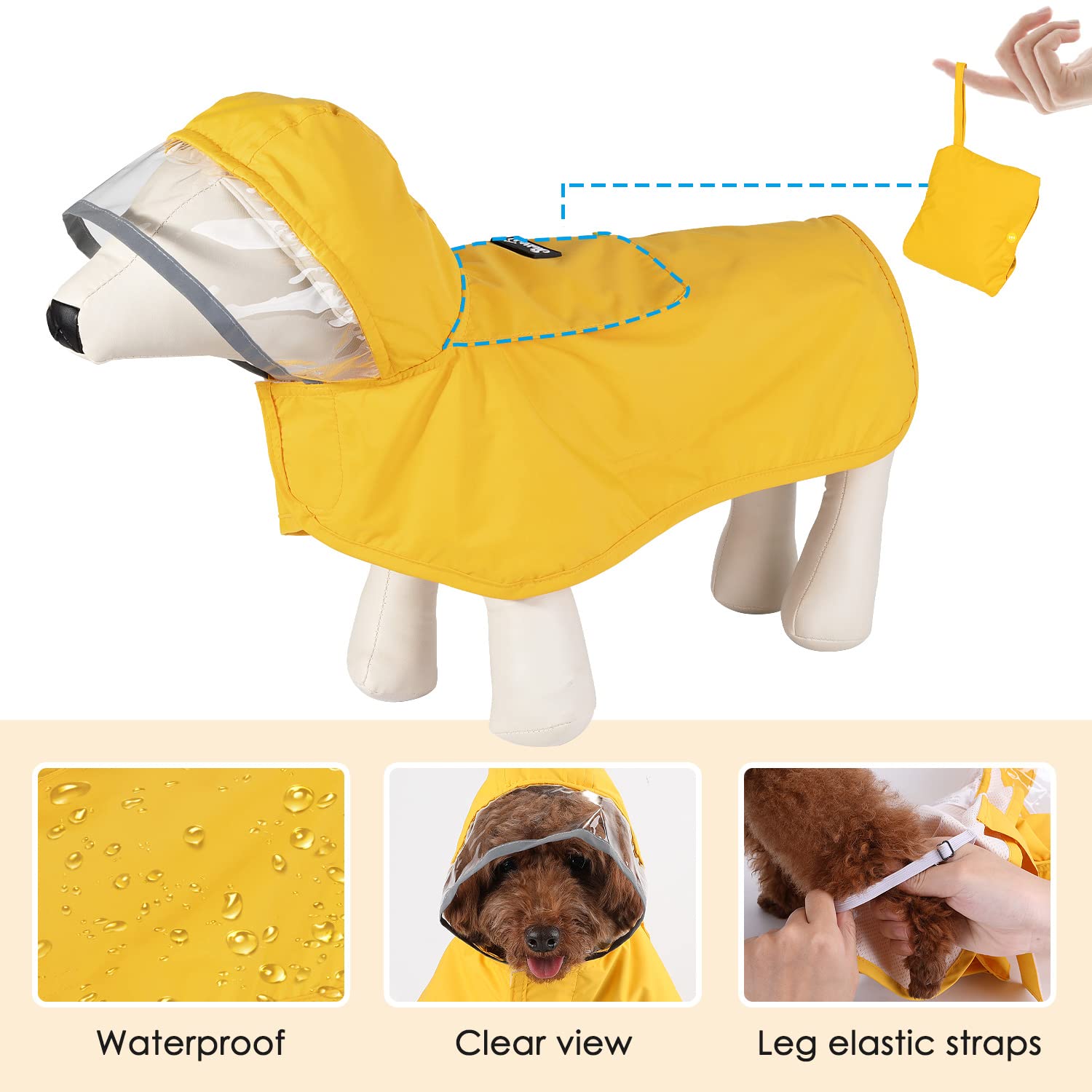Slowton Dog Raincoat, Adjustable Dog Rain Jacket Clear Hooded Double Layer, Waterproof Dog Poncho With Reflective Strip Straps And Storage Pocket For Small Medium Large Dogs(Xs)