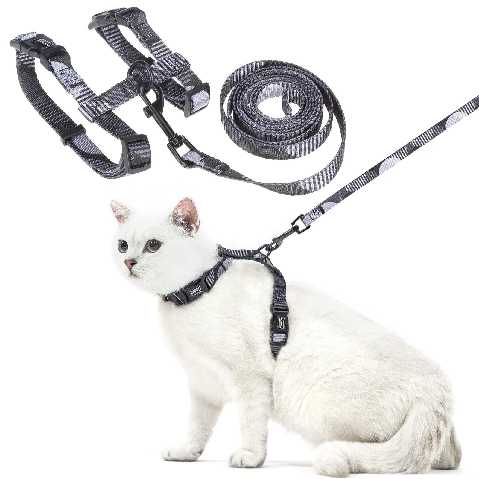 Pupteck Adjustable Cat Harness And Leash Set Escape Proof Kitten Strap Collar For Walking Travel, Printed Dark Grey