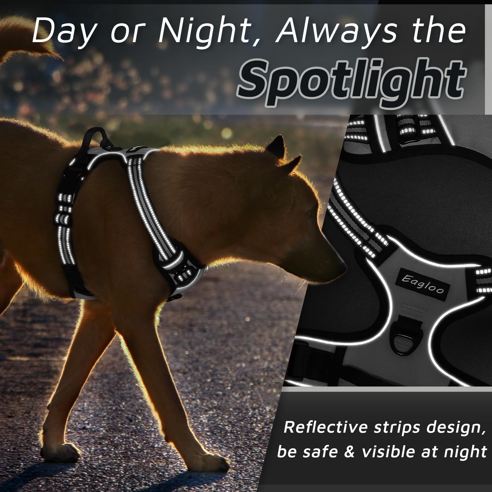 Eagloo Dog Harness Small Sized Dog, No Pull Service Vest With Reflective Strips And Control Handle, Adjustable And Comfortable For Easy Walking, No Choke Pet Harness With 2 Metal Rings, Grey, S