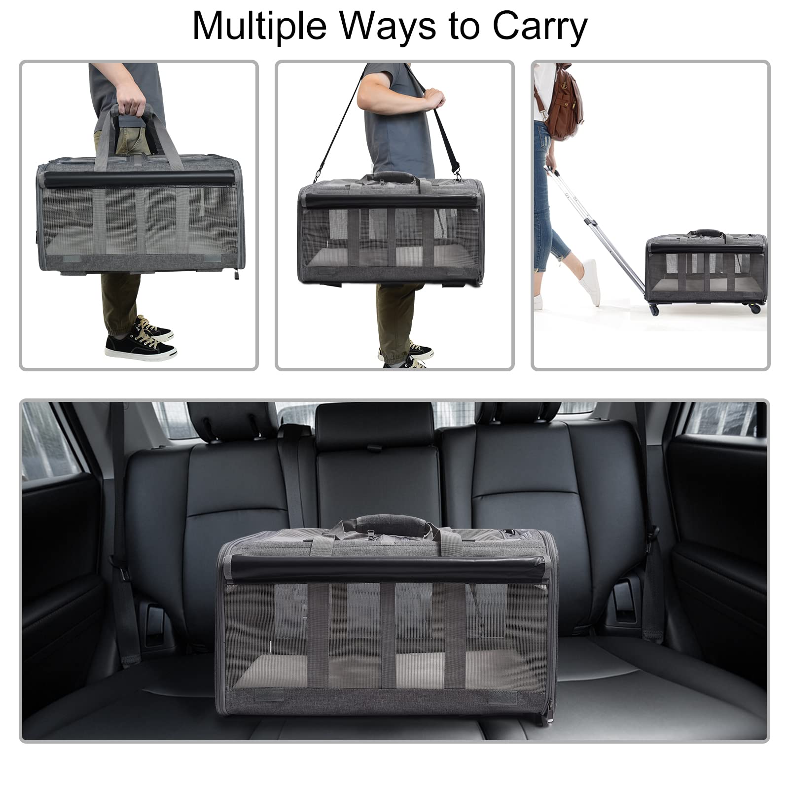 GJEASE Cat Rolling Carrier for 2 Cats, Grey Double-Compartment Pet Carrier with Wheels, Super Ventilated, Ideal for Travel, 35 LBS Capacity