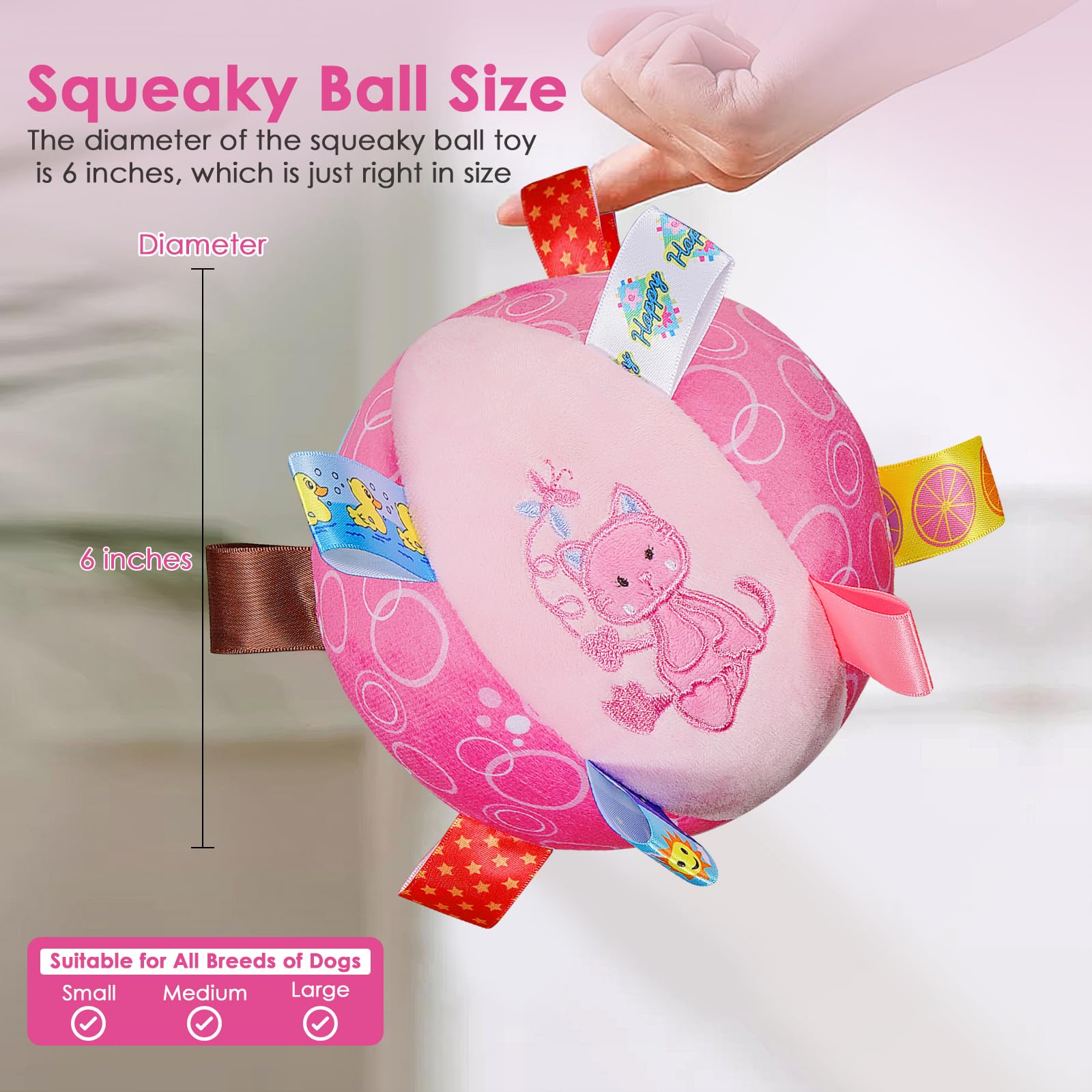 Letalong Dog Squeaky Plush Plush Toy with Straps, 6-Inch Soft Stuffed Ball with Cotton Material and Bell Built-in, Pet Interacti