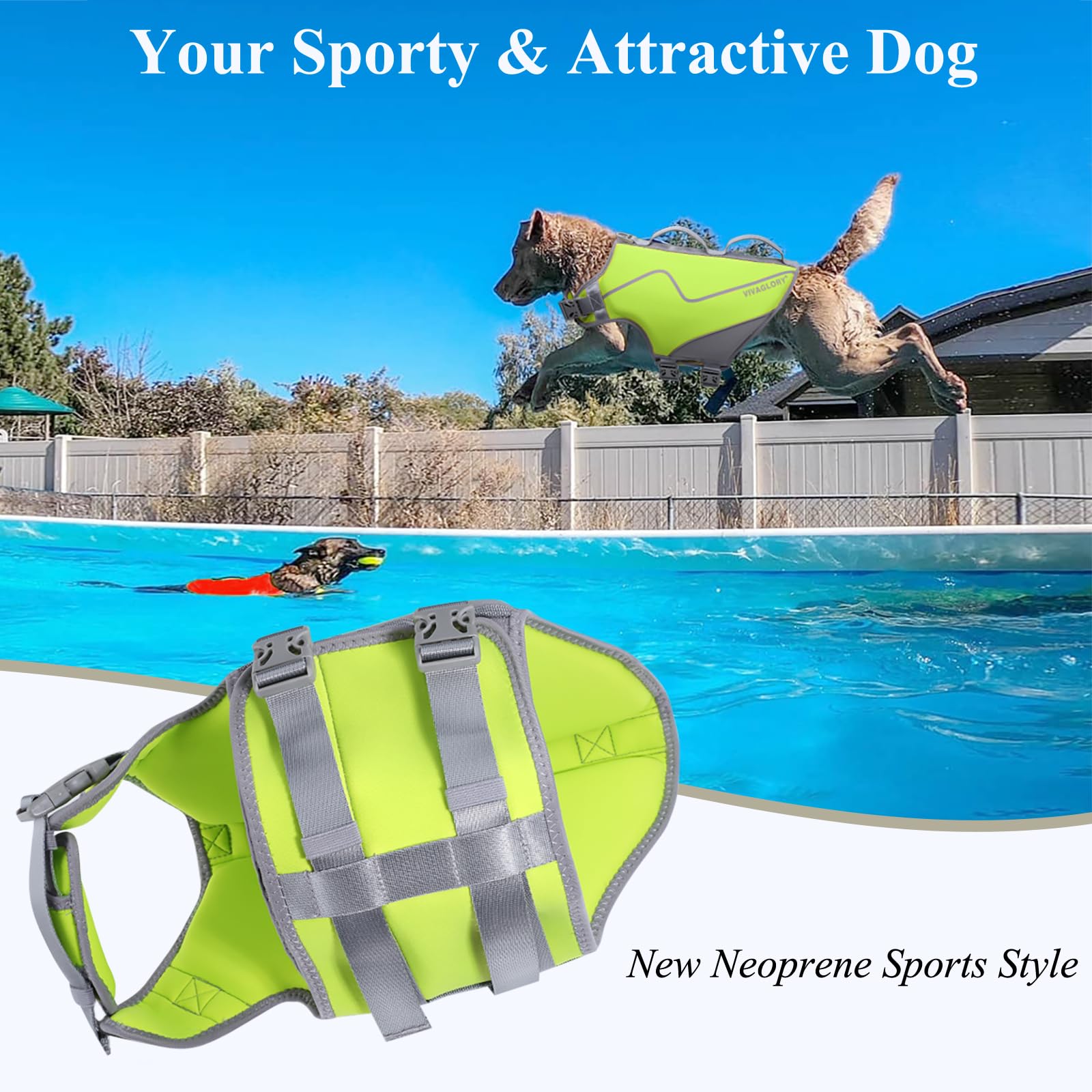 Vivaglory Neoprene Dog Life Jacket Dog Life Vest For Boating Hunting & Swimming, Lightweight With Leash Ring, L, Bright Yellow