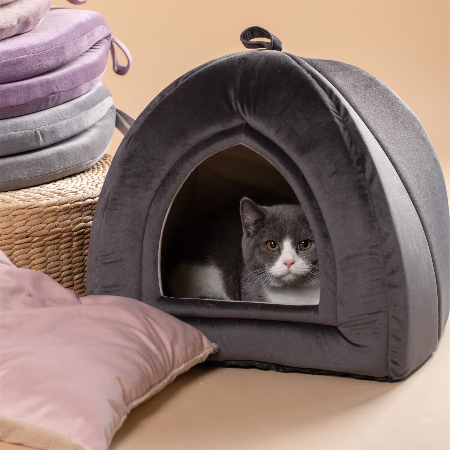 Kasentex Cat Bed For Indoor Cats, 2-In-1 Cat House Pet Supplies For Kitten And Small Cat Or Dog - Animal Cave, Cat Tent With Removable Washable Pillow Cushion (Dark Grey 15X15X15)