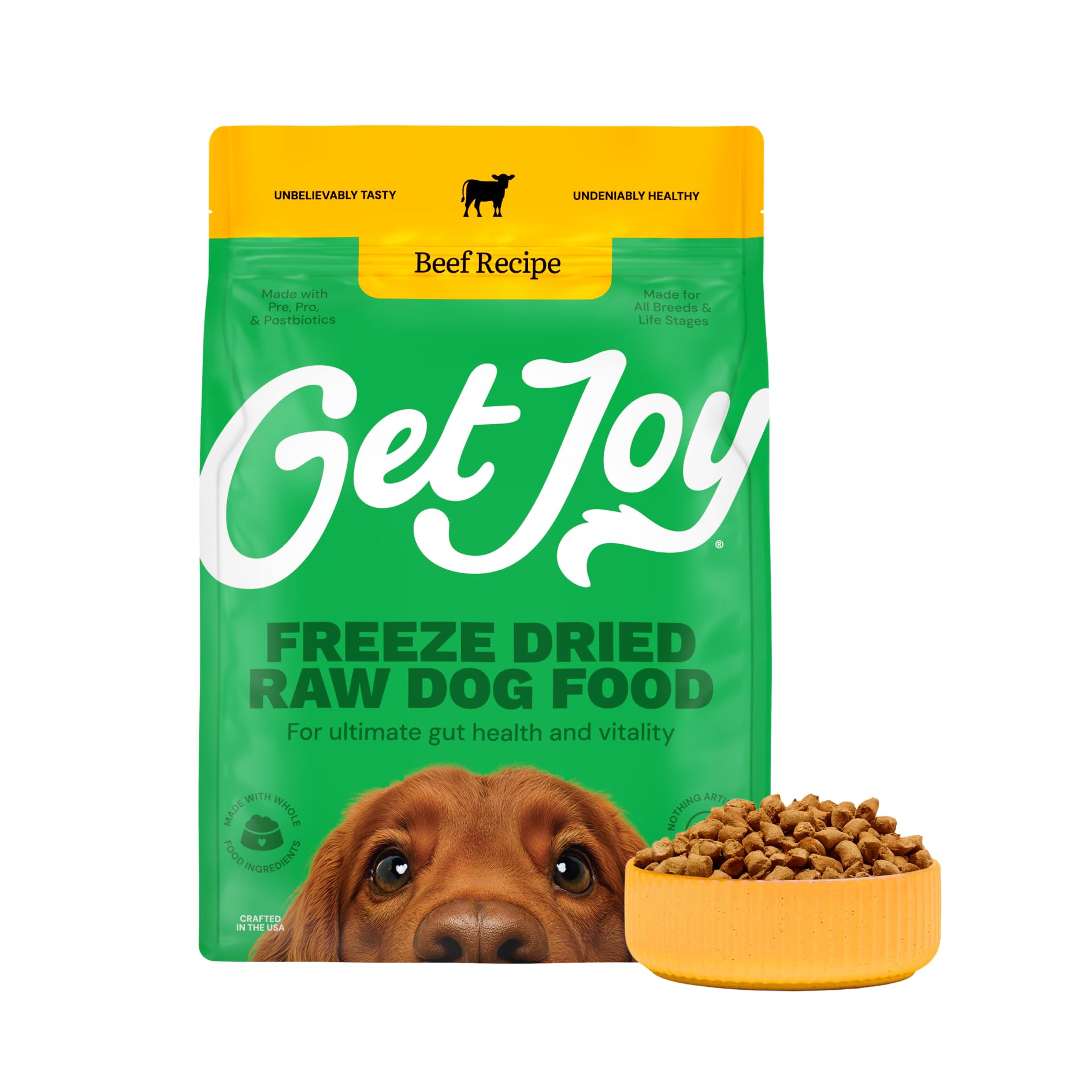 Get Joy Freeze Dried Raw Beef Meal, High Protein Grain Free, Dry Dog Food Meal Mixer and Topper, with Probiotics for Gut Health,