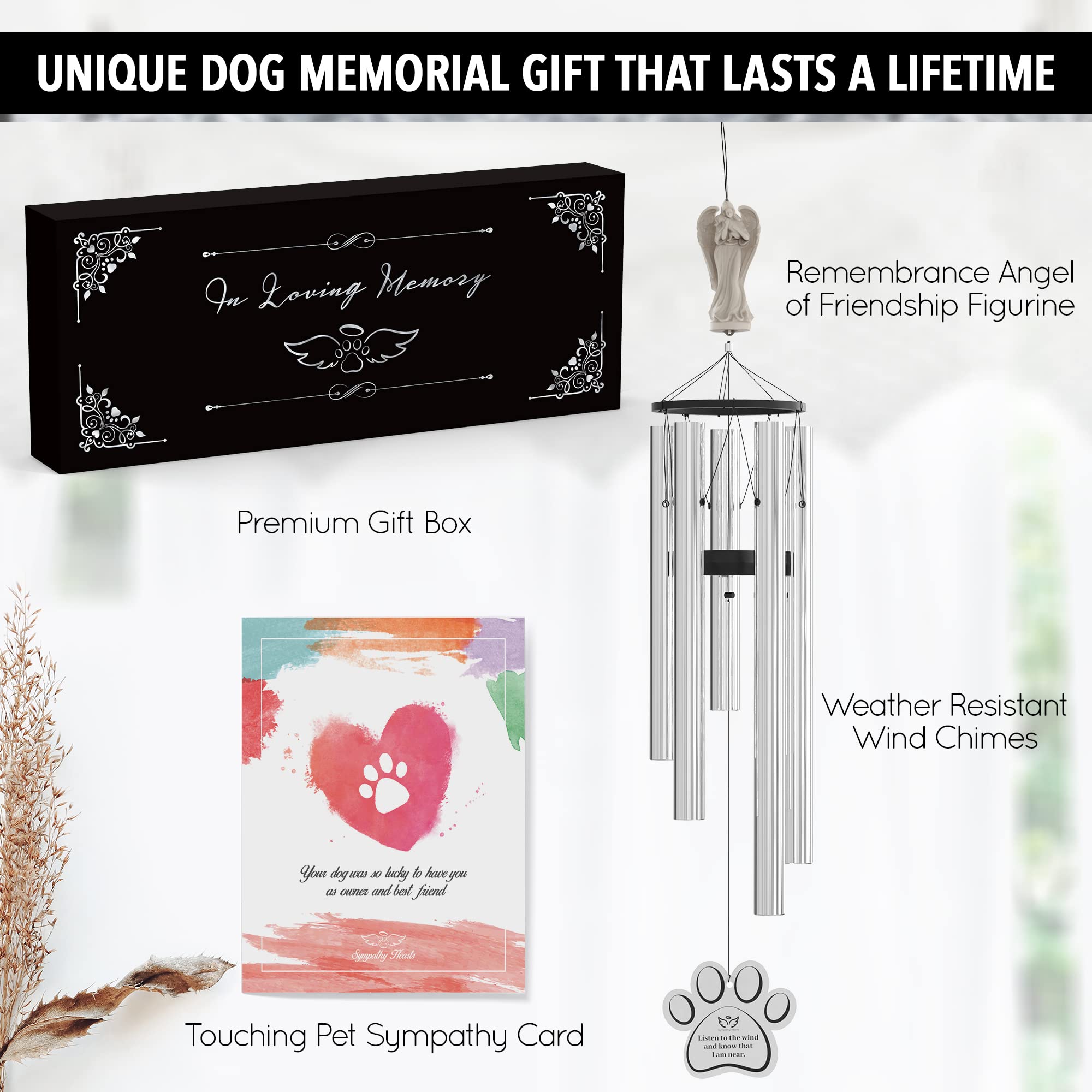 Sympathy Hearts Dog Memorial Wind Chime For Loss Of Dog - Dog Memorial Gifts For Loss Of Dog, 34'' Pet Memorial Wind Chimes For