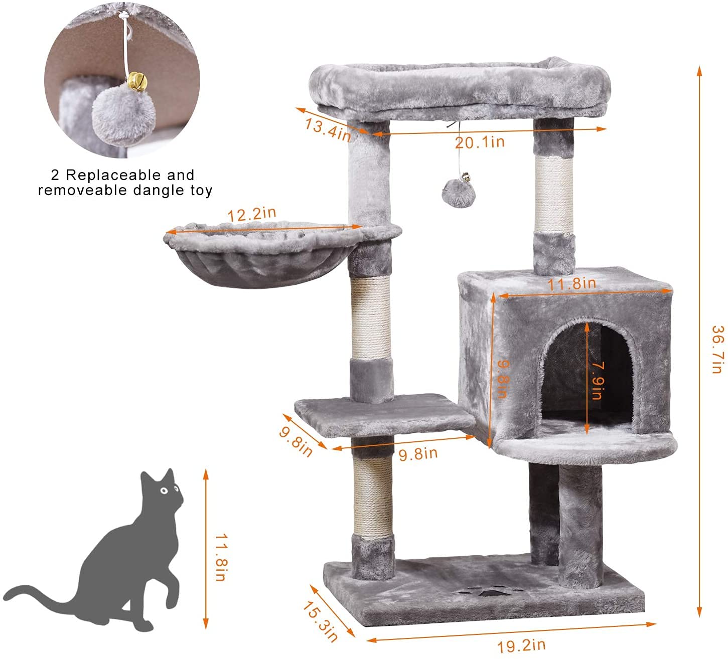 Jissbon Multi-Level Cat Tree Condo, Activity Centre Cat Tower Furniture With Sisal-Covered Scratching Posts, Padded Plush Perch,