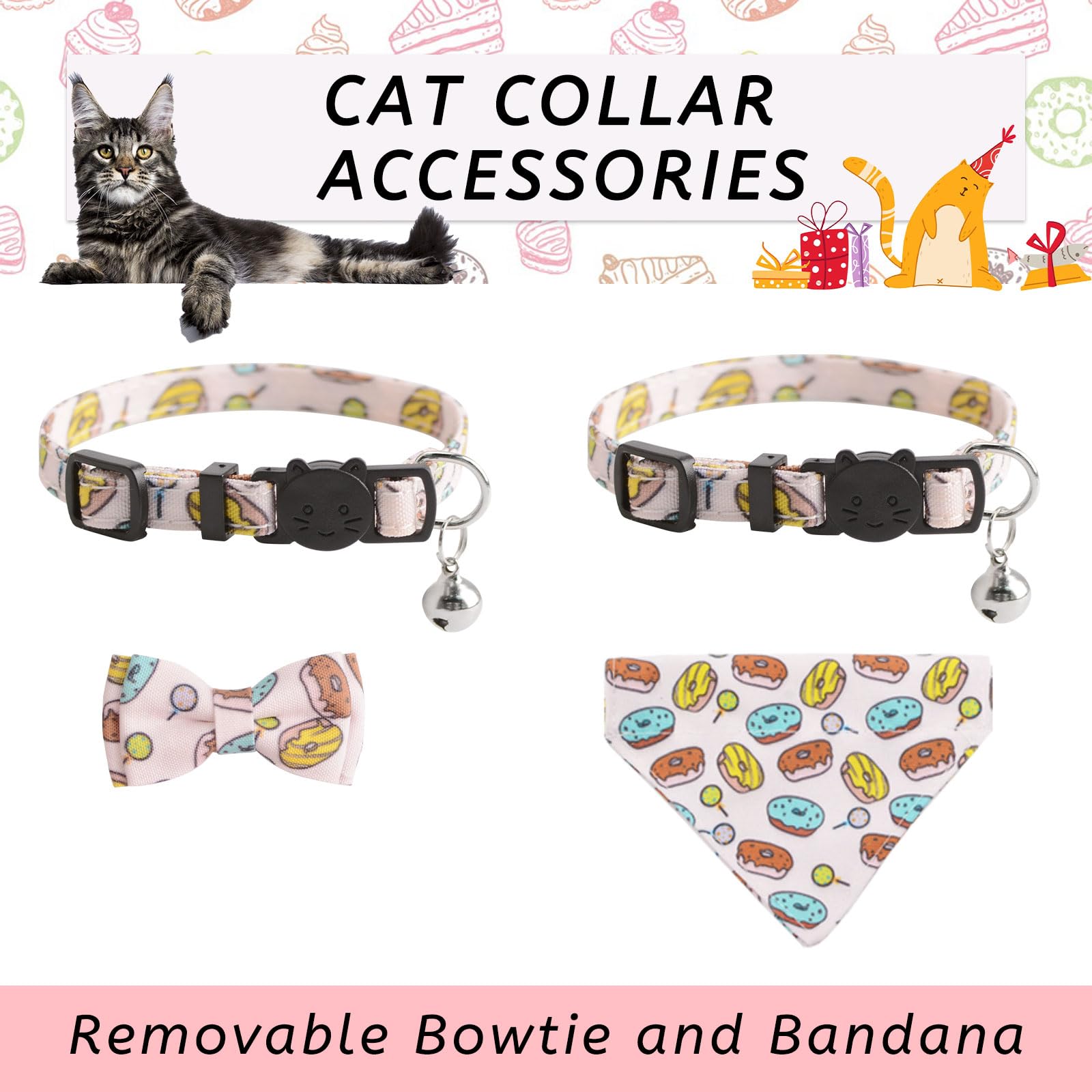 Hacraho Bow Tie Cat Collar Bandana, 2 Pieces Adjustable Cat Collar Bandana Bells Set Cat Collars With Bells Detachable Bow Tie B
