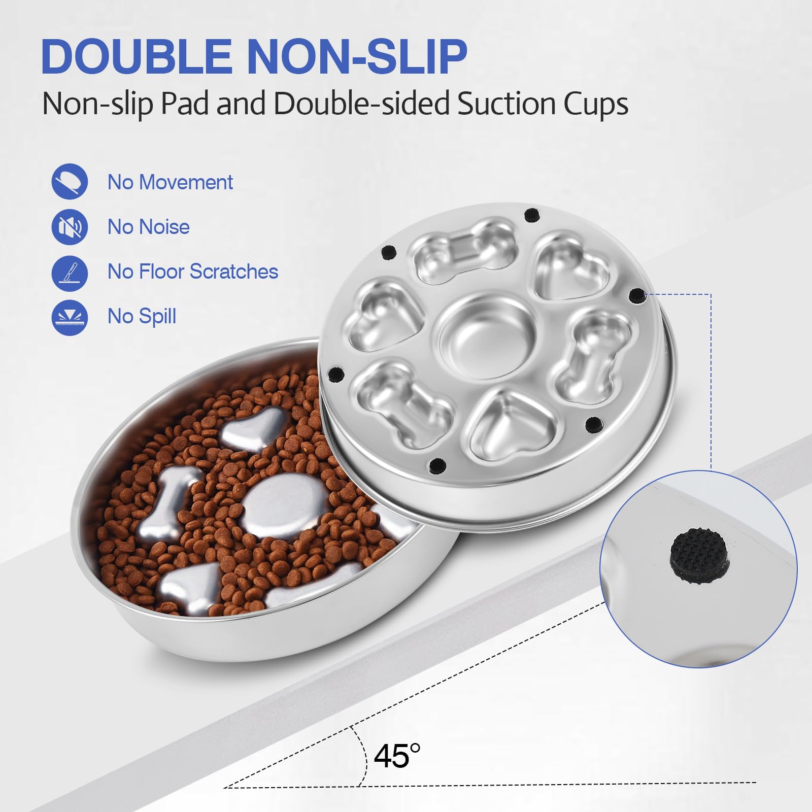 Glyvian Slow Feeder Dog Bowls, Stainless Steel With Non-Slip Rubber Base Metal Bowl, 4 Cups Large Capacity Slow Feed For Small,