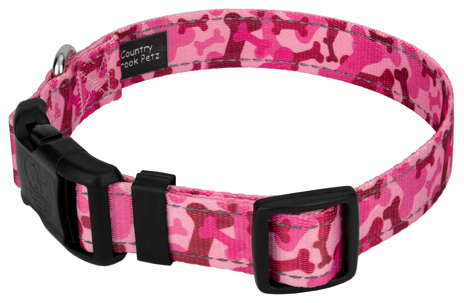 Country Brook Petz - Deluxe Pink Bone Camo Reflective Dog Collar Collection Featured Night Safe Designs (1 Inch, Medium)