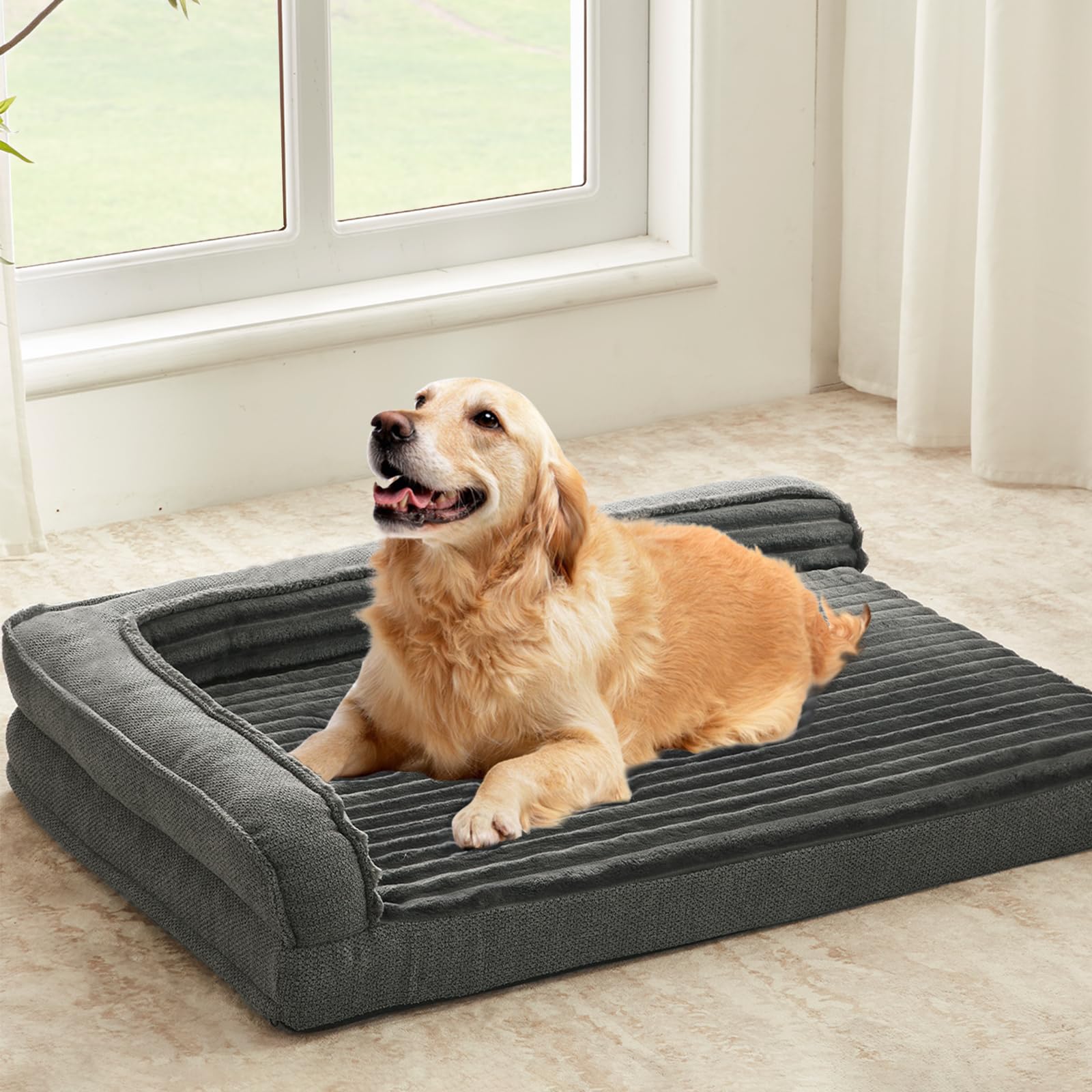WINDRACING Orthopedic Dog Beds for Large, Medium Dogs, Waterproof Egg Foam Dog Sofa Bed with L Bolster Sides, Washable Large Pet