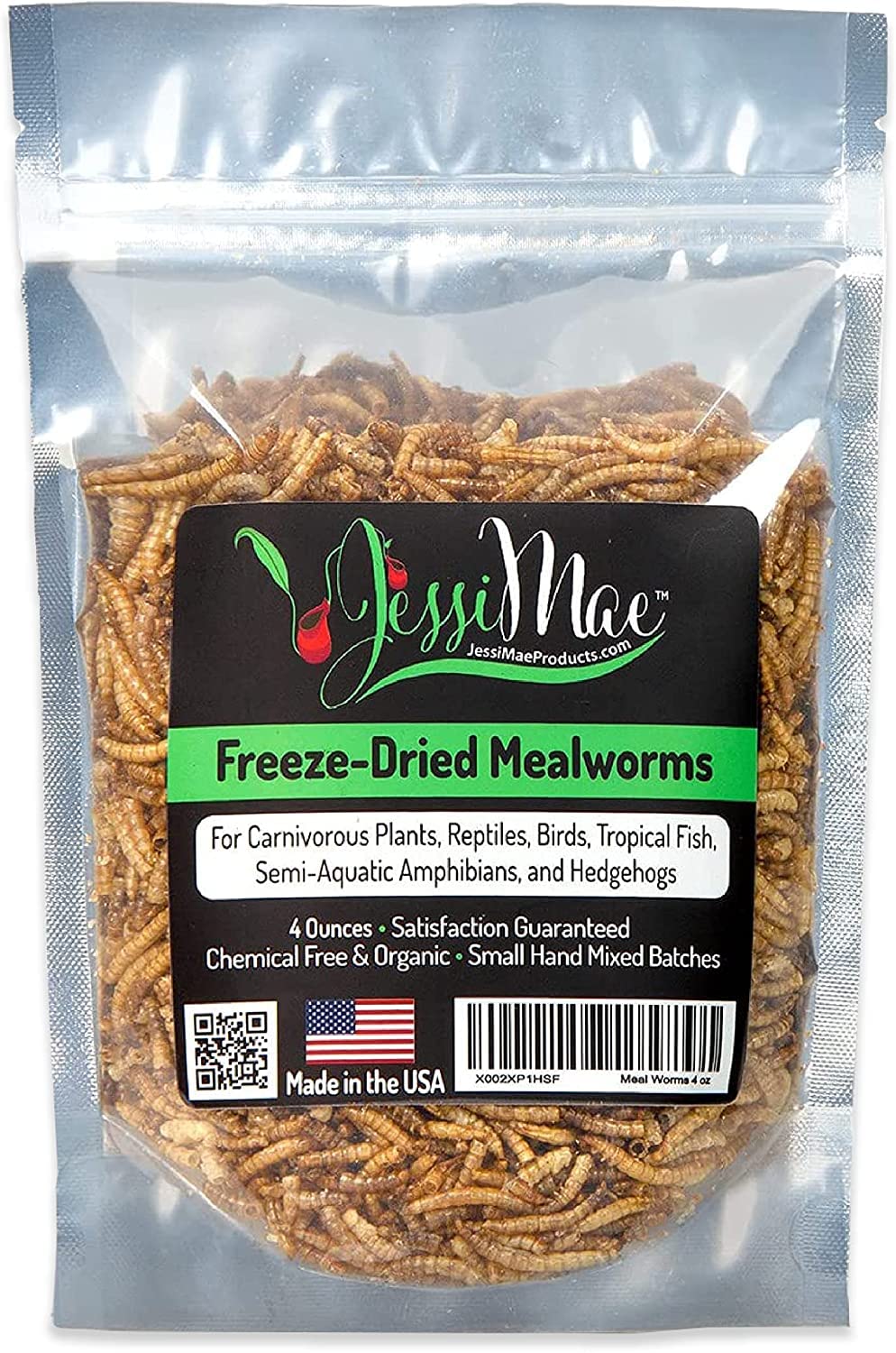 Jessi Mae - Freeze Dried Mealworms - Natural Protein Meal Supplement For Chickens, Birds, Venus Fly Trap, Reptiles, Hedgehogs And More - Carnivorous Plant Food - 4 Oz