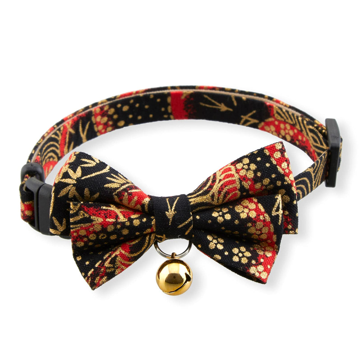 Gilded Gold Bow Tie Cat Collar (Black) With Bell Safety Breakaway Soft Lightweight For Cats Kitty Kitten Japanese Stylish Pattern, No.1 Seller In Japan