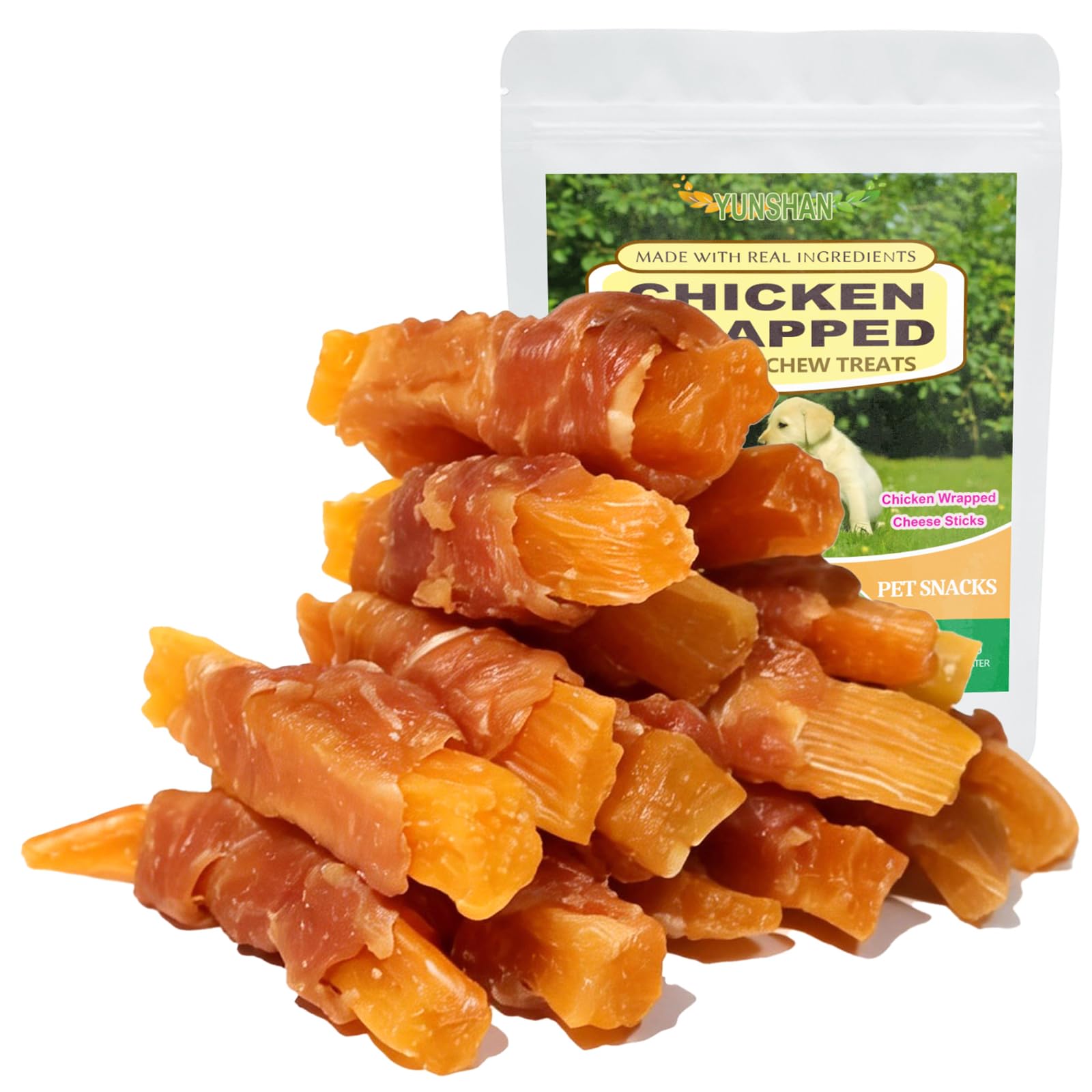 YUNSHAN Chicken Wrapped Dog & Cat Chew Treats, Cheese Sticks, 16 oz