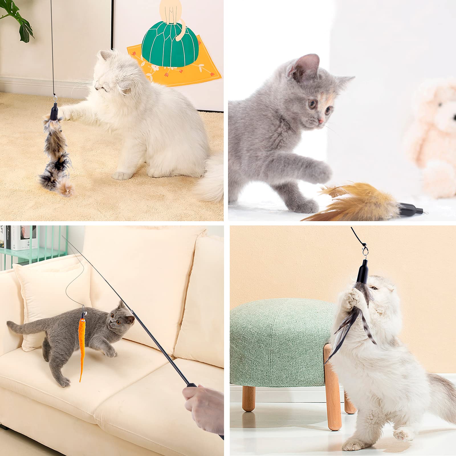 Apsuae Retractable Cat Wand Toy For Indoor Cats Interactive Cat Feather Toys With Bell 8 Packs Kitten Toys With Fishing Pole Rep
