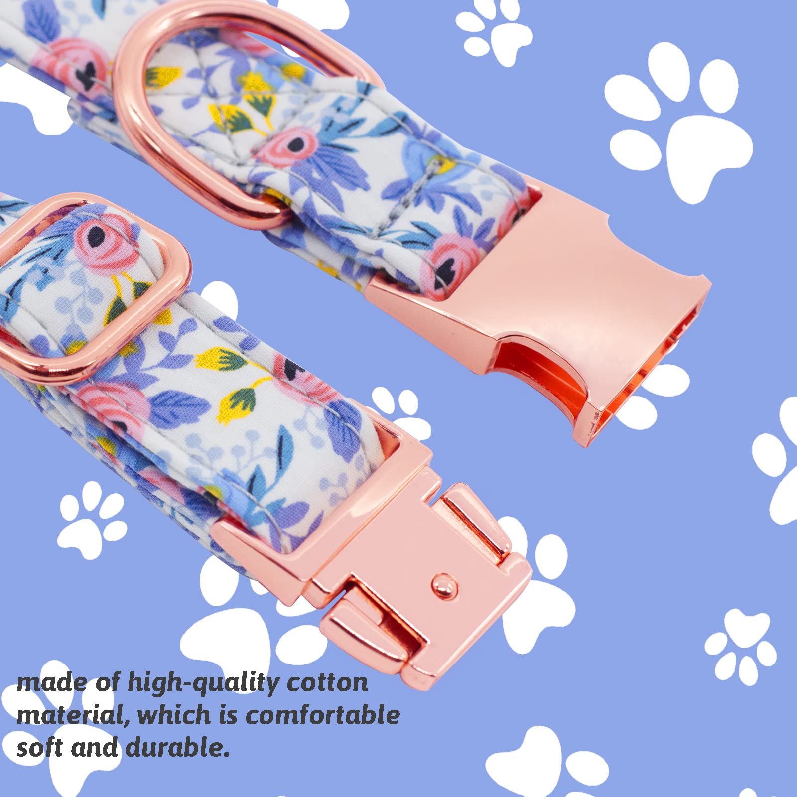 HSIGIO Dog Collar and Leash Set Girls Adjustable Puppy Collars with Floral Bow Tie for Small Medium Large Female Dogs, Blue Flow