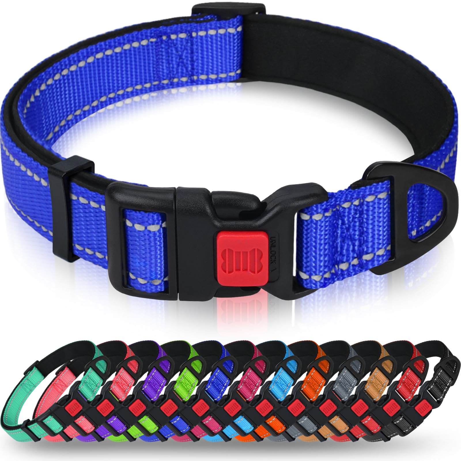 Taglory Reflective Dog Collar With Safety Locking Buckle, Adjustable Nylon Pet Collars For Extra Large Dogs Female Male, Navy Blue, Xl