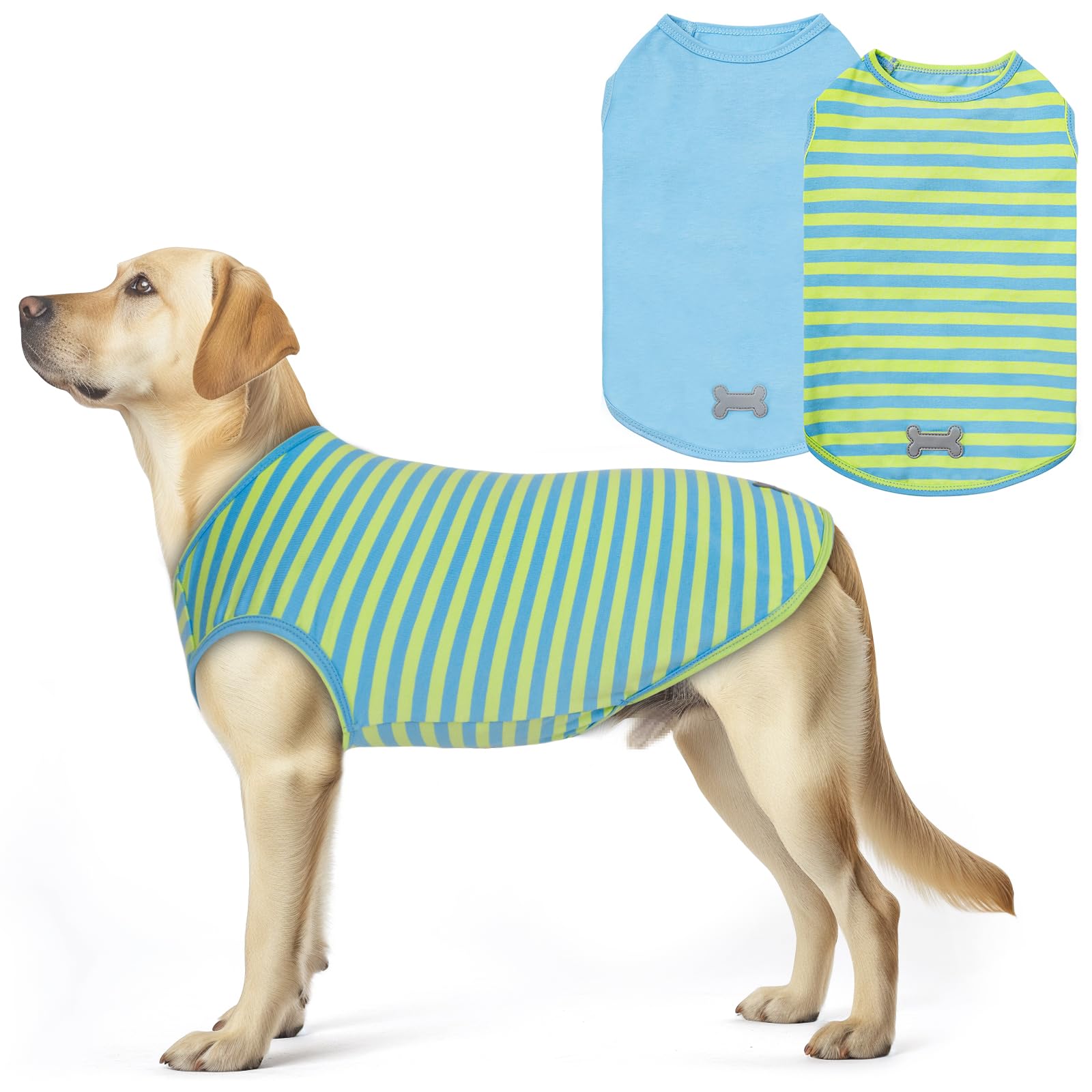 Kyeese 2Pack Dog Shirts Striped T Shirt For Large Dogs Lightweight Clothes Sleeveless Vest Cotton Tank Top, Xxx-Large,Blue+Strip