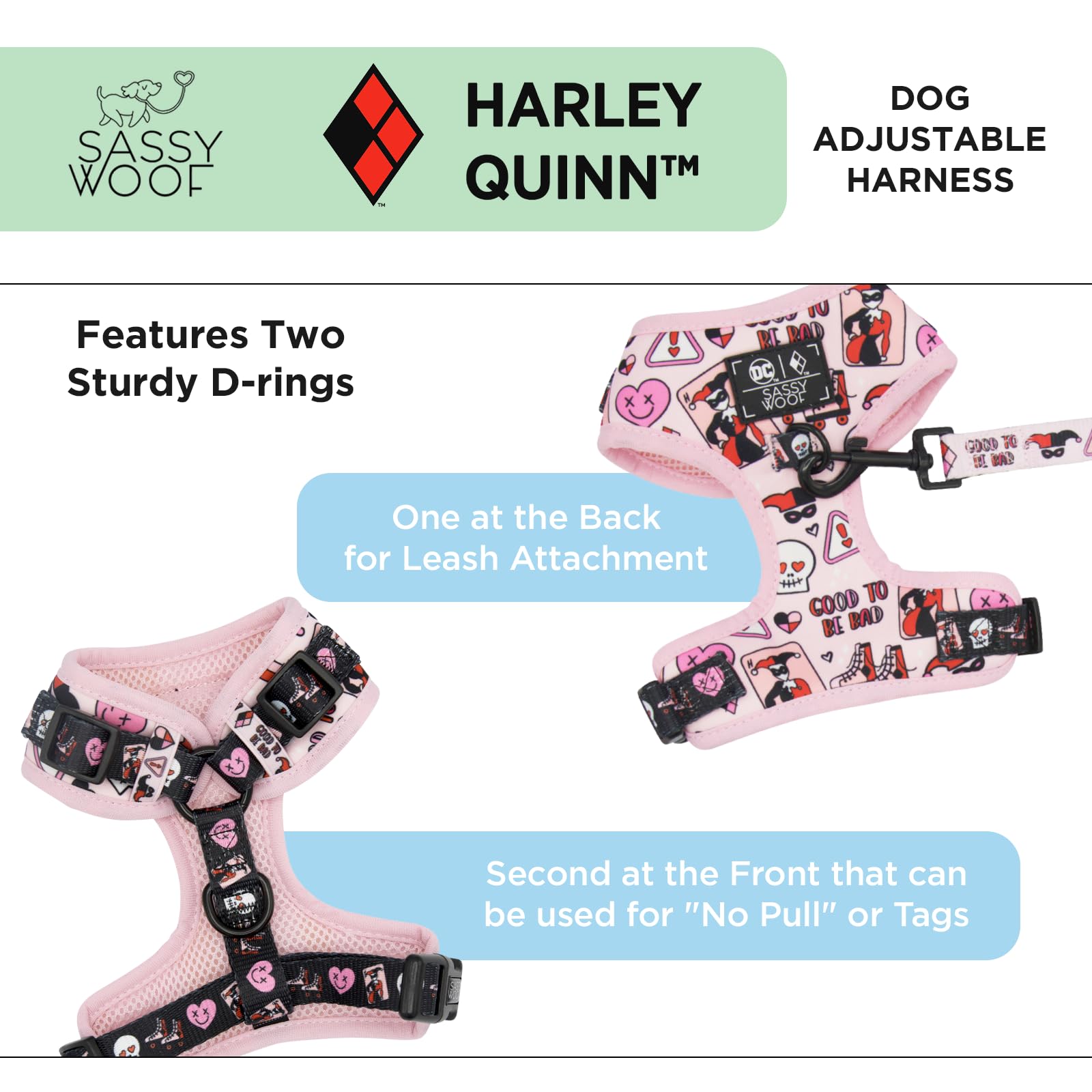 Sassy Woof Dog Adjustable Harness - Harley Quinn - Xs, Breathable Mesh, No Pull Design With Two D-Rings, Patented Design, Perfec