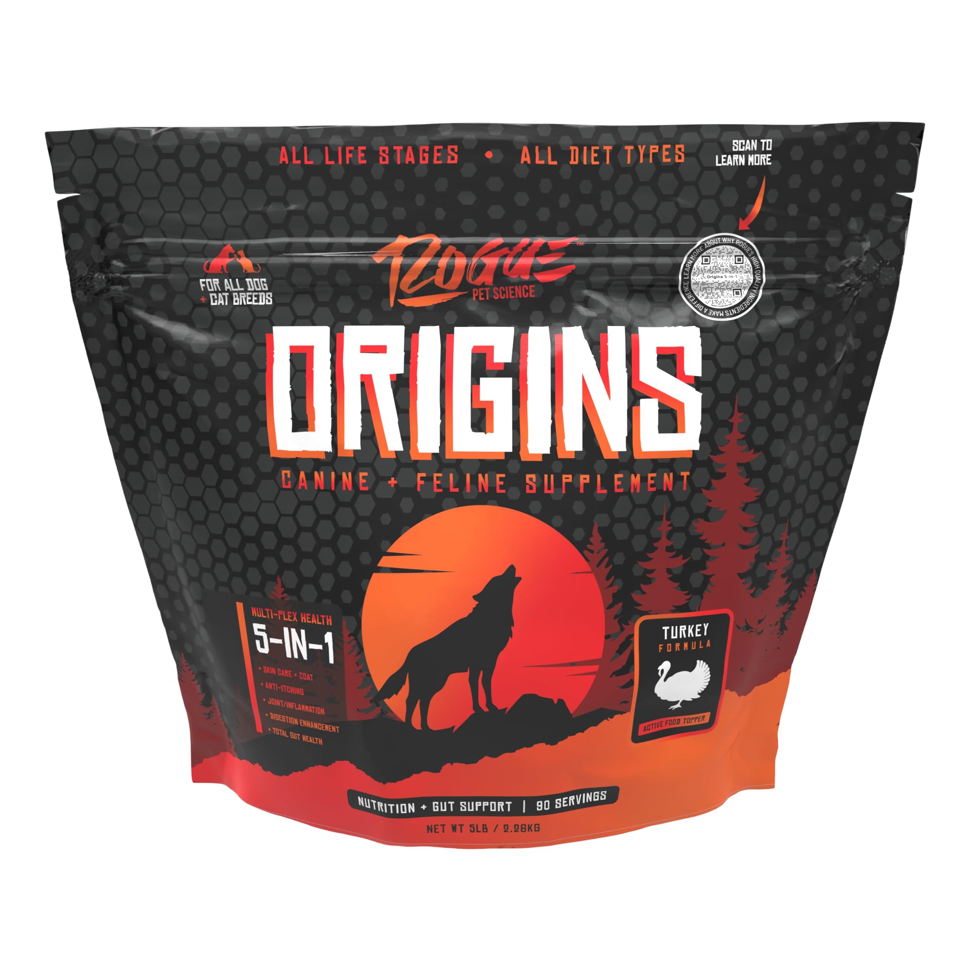 ROGUE PET SCIENCE Origins 5-in-1 Dog Supplement - Powdered Food Topper w/Natural Turkey Protein- Supports Healthy Digestion, Ski