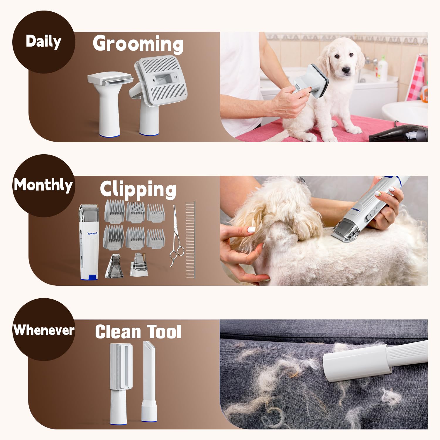 Yowmoft Dog Grooming Vacuum & Dog Grooming Kit, Dog Vacuum for Shedding Grooming with 2 L Capacity, Max 11 Kpa Dog Hair Vacuum w