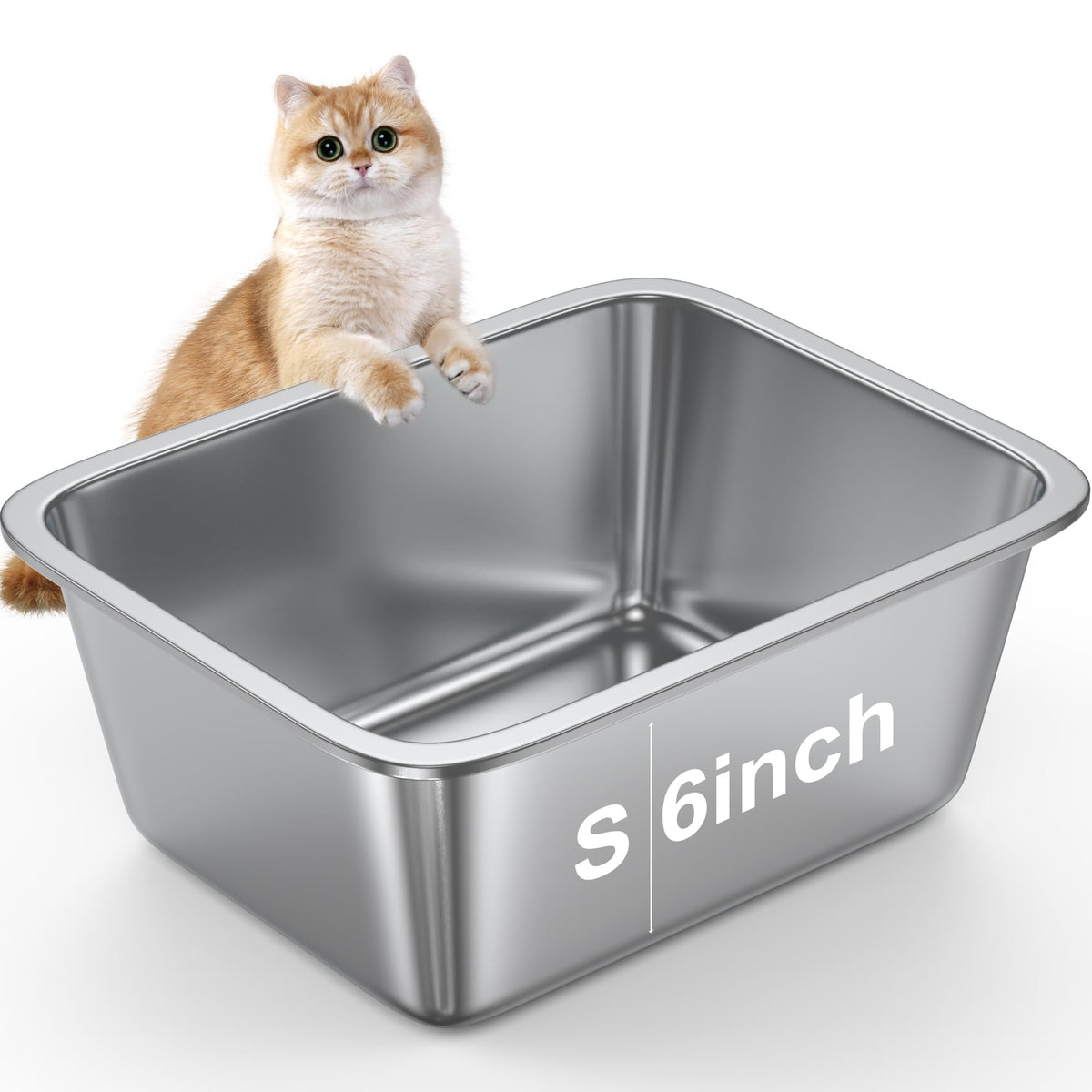 6'' Deep Litter Box Stainless Steel Cat Litter Box Metal Litter Box Easy To Clean,Non-Stick Kitty Litter Box,Suitable For Indoor