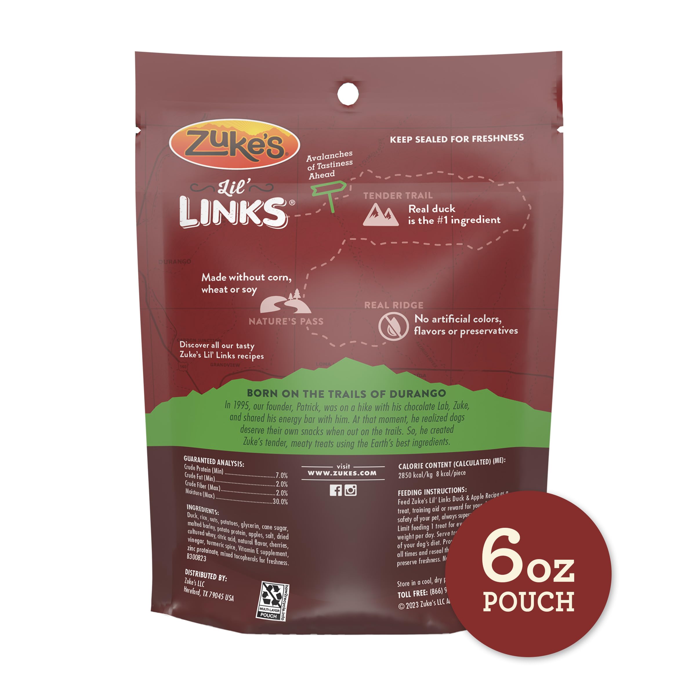Zukes Lil Links Dog Treats for Dogs, Snacking Sausage Treats for Dogs, Made with Real Duck & Apple, 6 oz. Resealable Pouch - 6 o