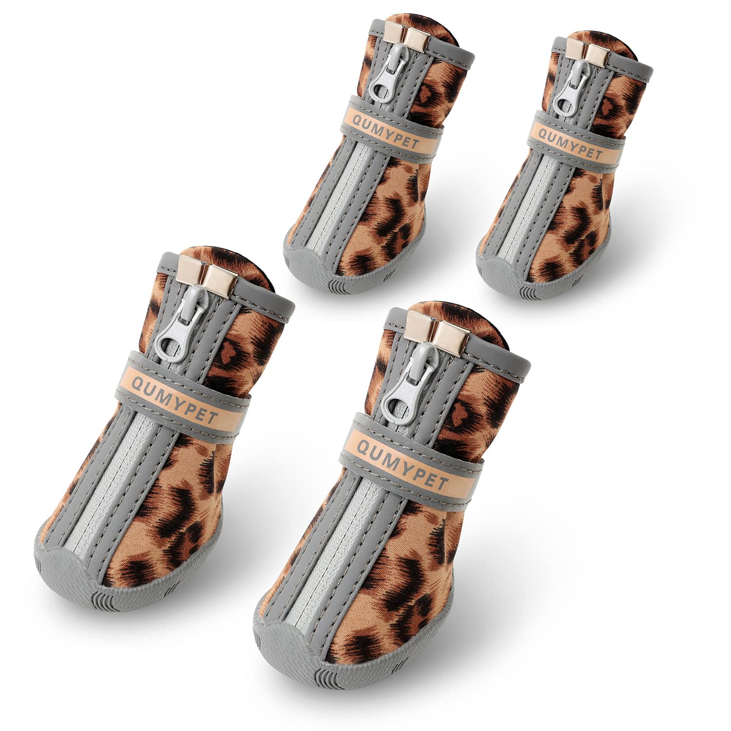 Qumy Dog Shoes For Small Dog, Puppy Dog Boots & Paw Protectors For Winter Snow Day, Summer Hot Pavement, Waterproof In Rain Weather, Ourdoor Hiking, Indoor Hardfloors With Non-Slip Sole Leopard Size 4