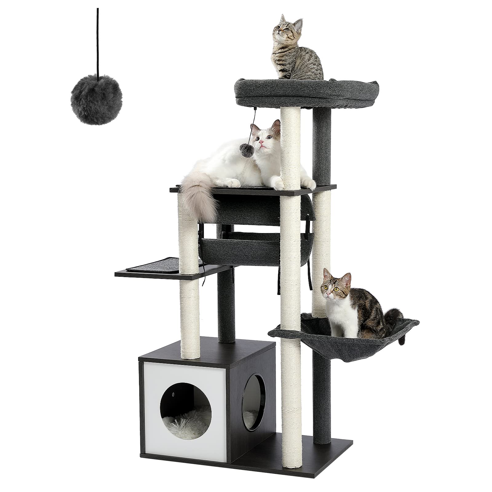 PEQULTI Modern Cat Tree - 51.4" Wooden Cat Tower with Scratching Posts, Cozy Condo, Hammock & Swing Tunnel - Gray - Model AM52-AMT0102GY