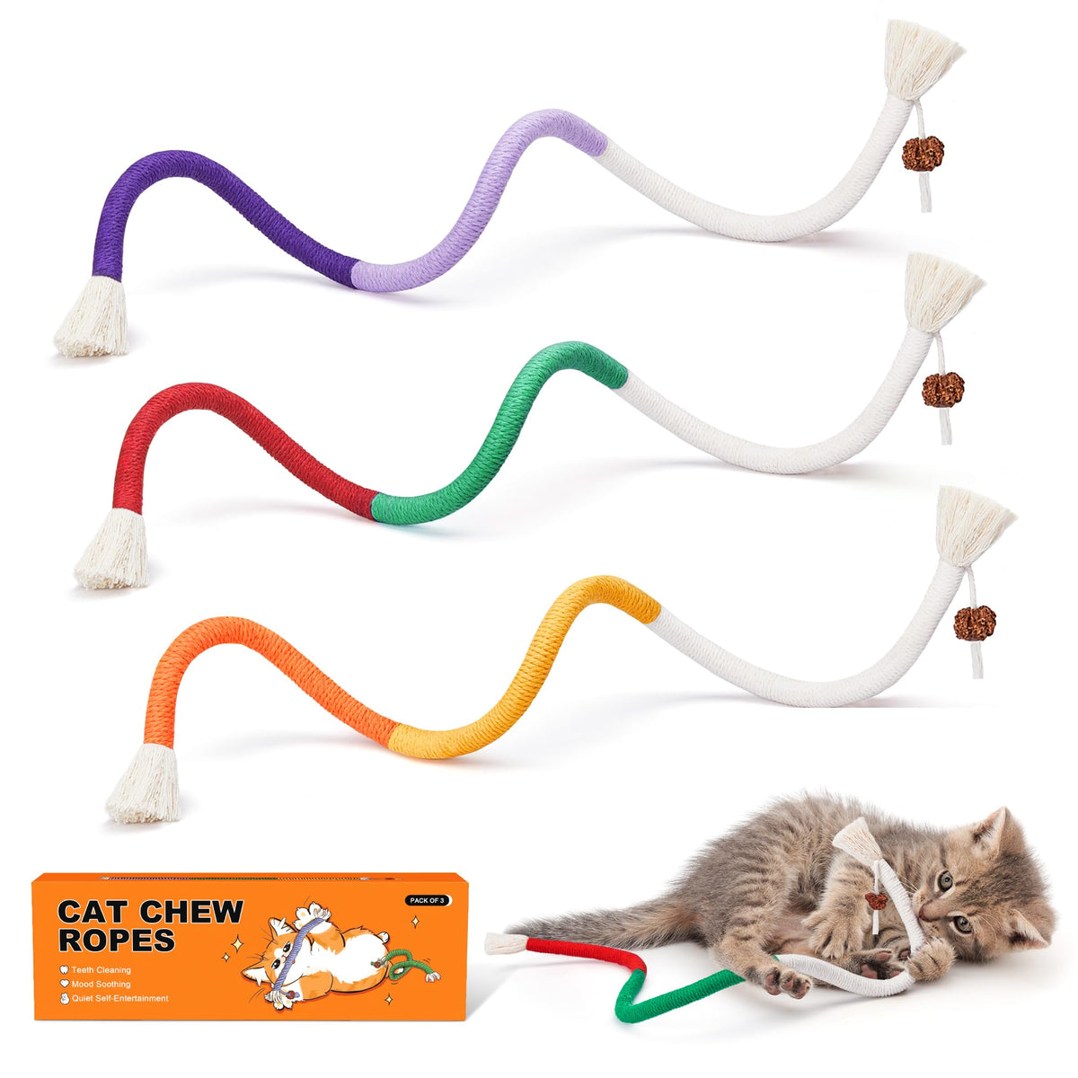 Potaroma Cat Toys Chew Ropes 3Pcs With Refillable Natural Catnip, Safe Teeth Cleaning Toy For Indoor Kittens, Interactive Cat Ni