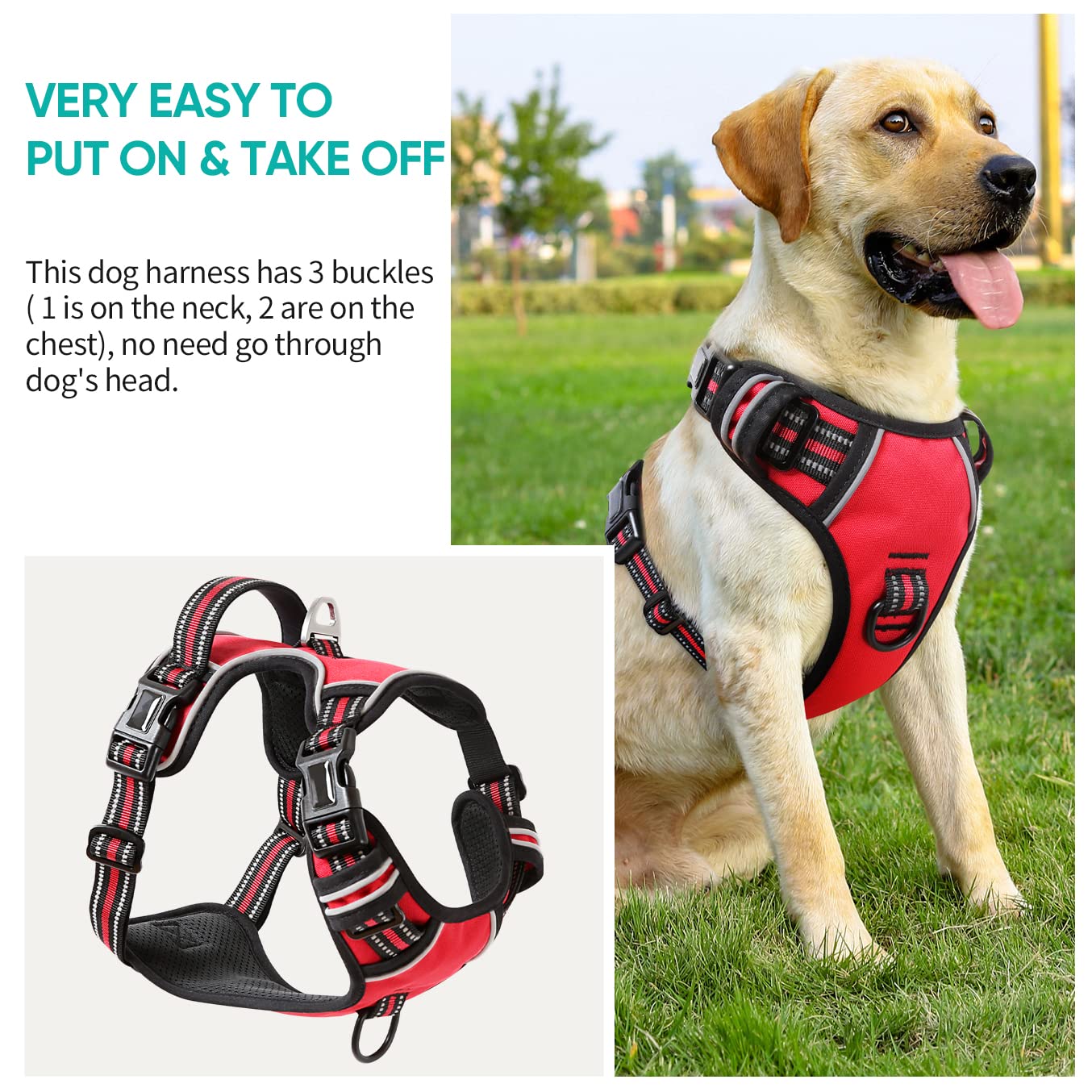 Timos No Pull Dog Harness,No Need Go Over Dogs Head 3 Snap Buckles Reflective Oxford No Choke Puppy Harness With Front & Back 2 Metal Leash Clips Soft Padded Vest Harnesses For Small Medium Large Dogs
